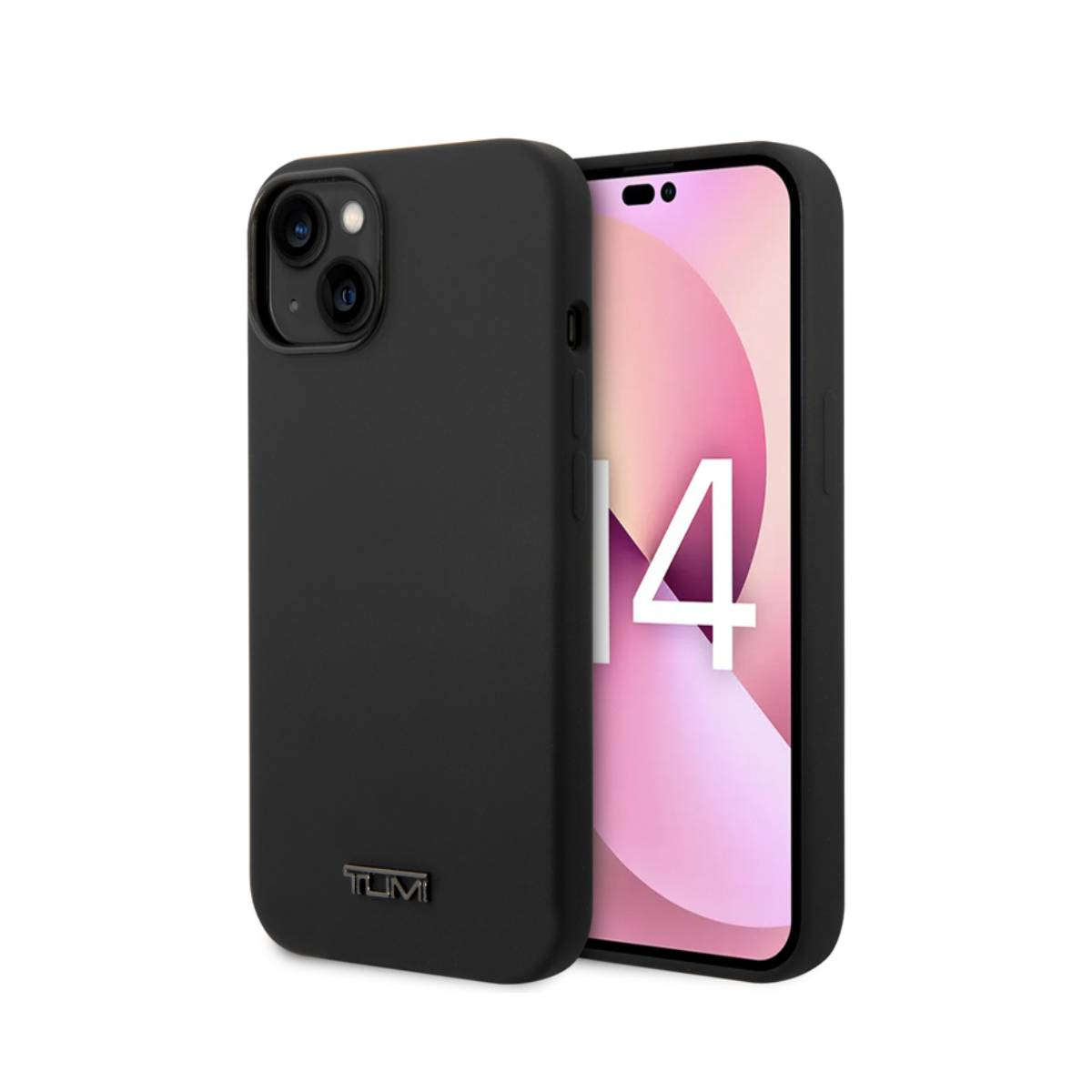 Custodia nera Tumi accanto a un iPhone 14 con grafica rosa e bianca.