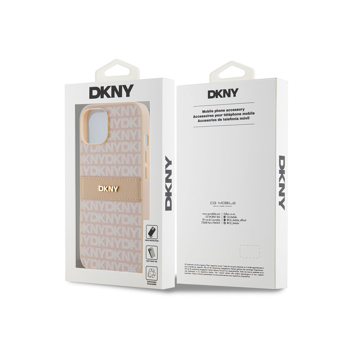 Confezione per custodia telefono DKNY con logo DKNY ripetuto e cinturino in pelle beige.