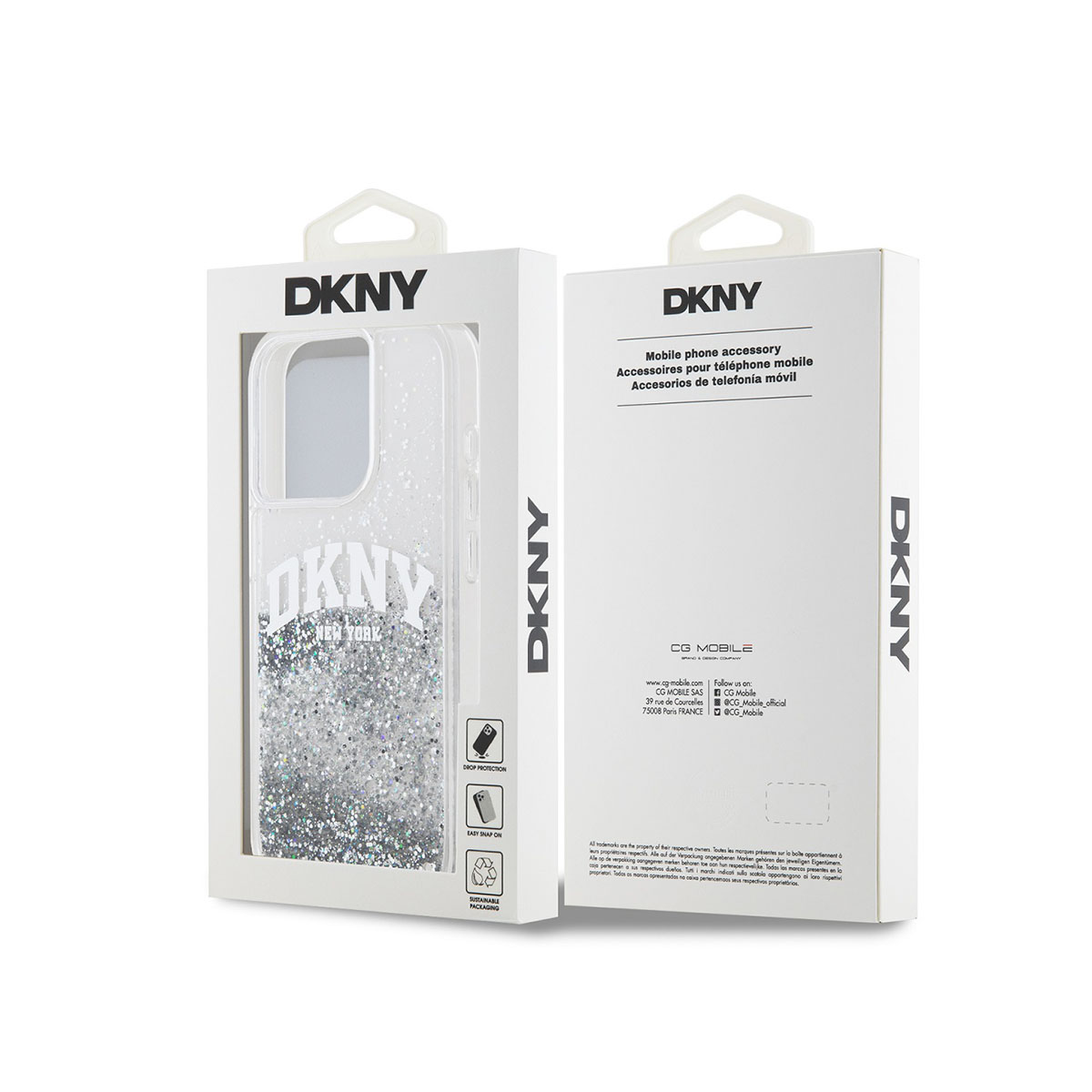 Custodia DKNY glitterata con scritta New York su confezione bianca.