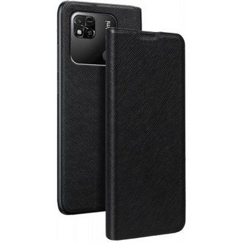 Uno smartphone nero con cover a libro, esposto su una superficie bianca.