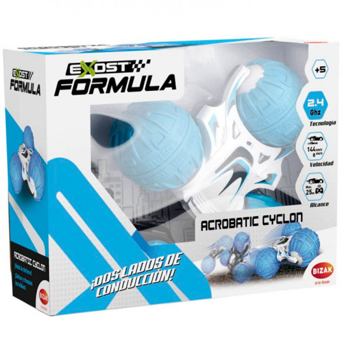 Caja de un coche teledirigido azul y blanco etiquetado 'Acrobatic Cyclon'.