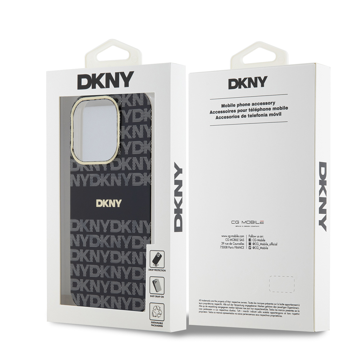 Custodia DKNY in confezione con logo e motivo; retro con info.
