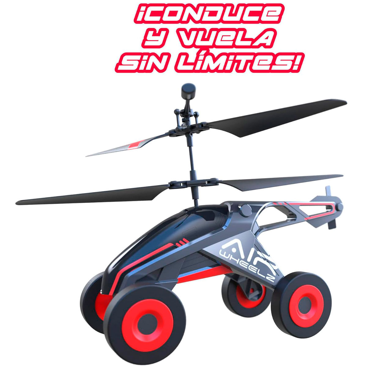 Un helicóptero teledirigido negro y rojo con ruedas sobre fondo blanco.
