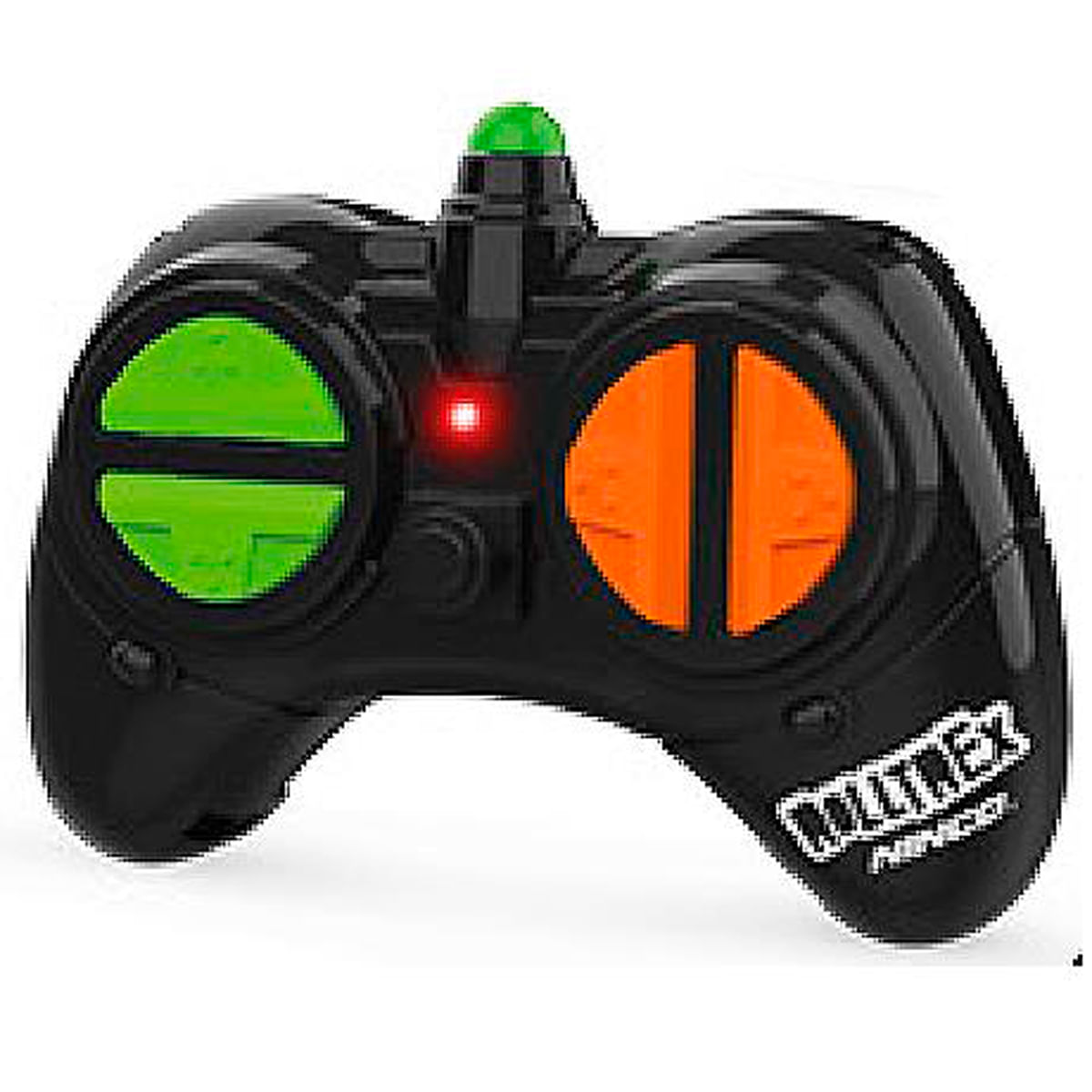 Control remoto negro con botones verdes y naranjas, y luz roja.