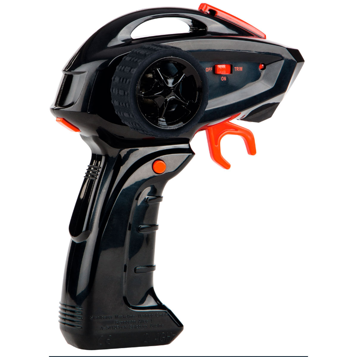 Control remoto negro con detalles naranjas y un volante.