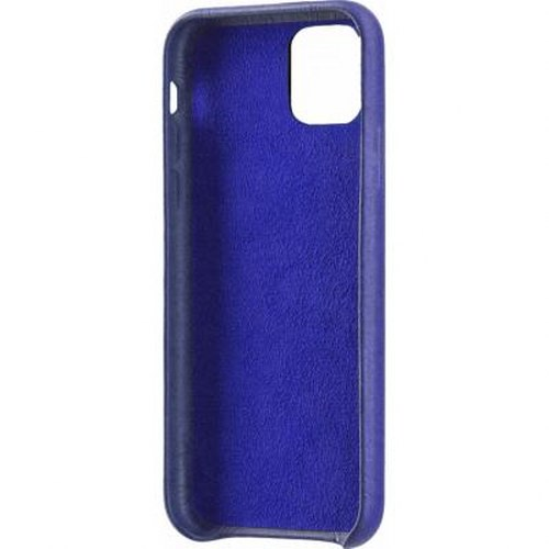 Una custodia per telefono blu con un ritaglio rettangolare in alto a destra.