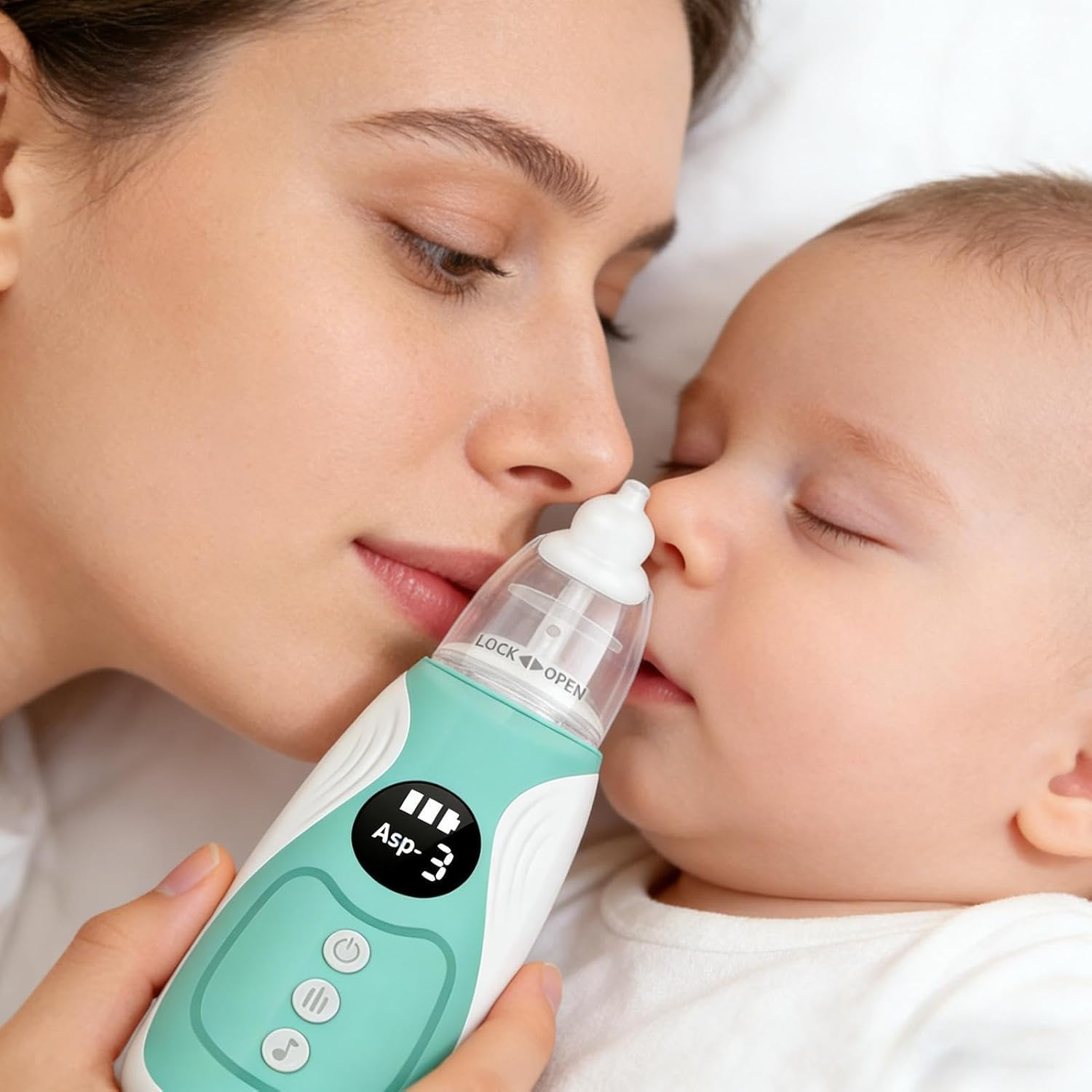 Mutter benutzt Nasensauger bei schlafendem Baby.