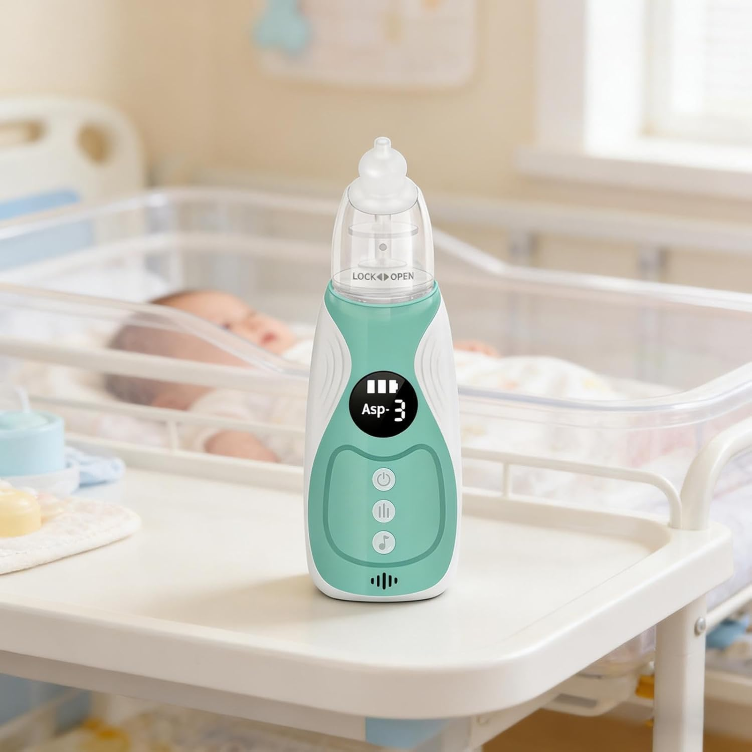 Ein Baby-Nasensauger mit Digitalanzeige steht auf einem Tisch neben einem Babybett.