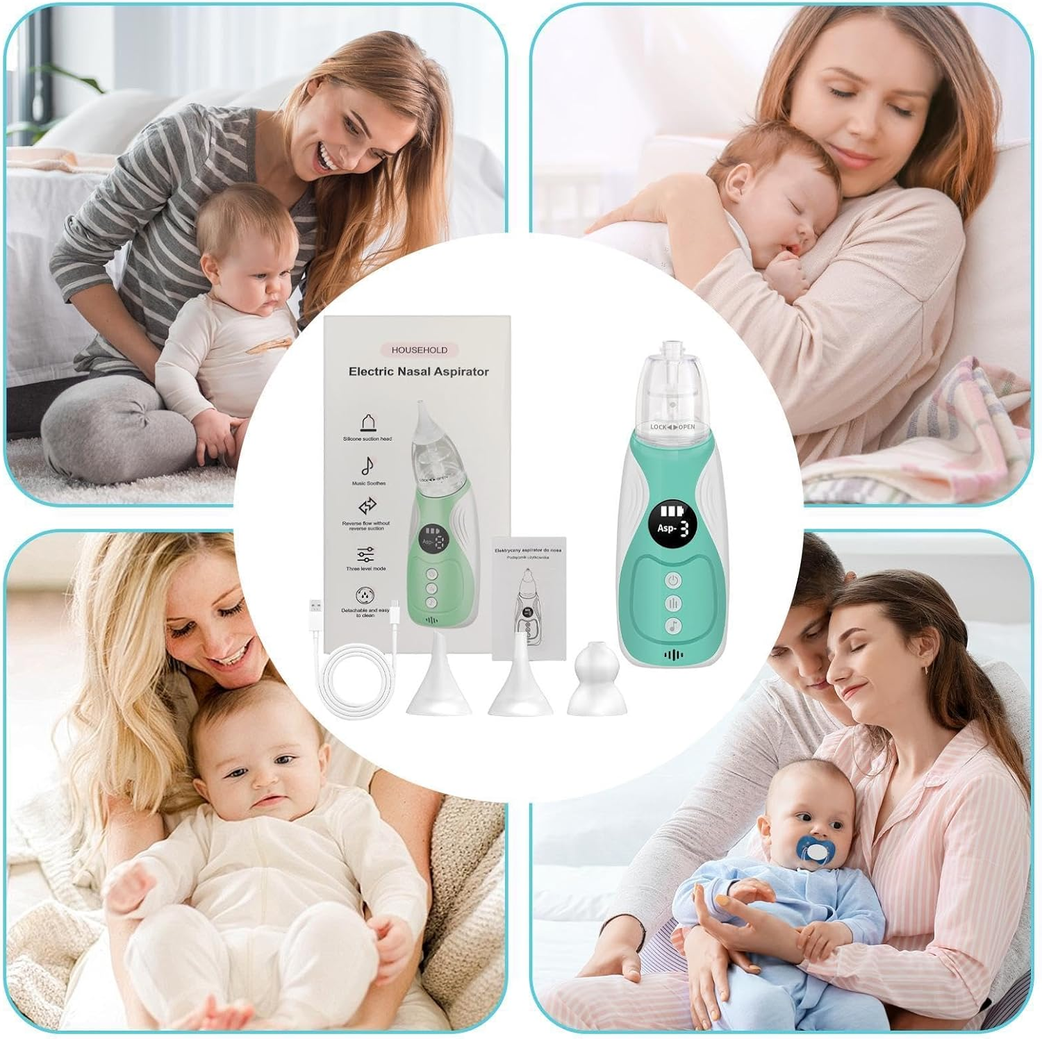 Mütter mit Babys, Produktverpackung und Nasenaspirator.