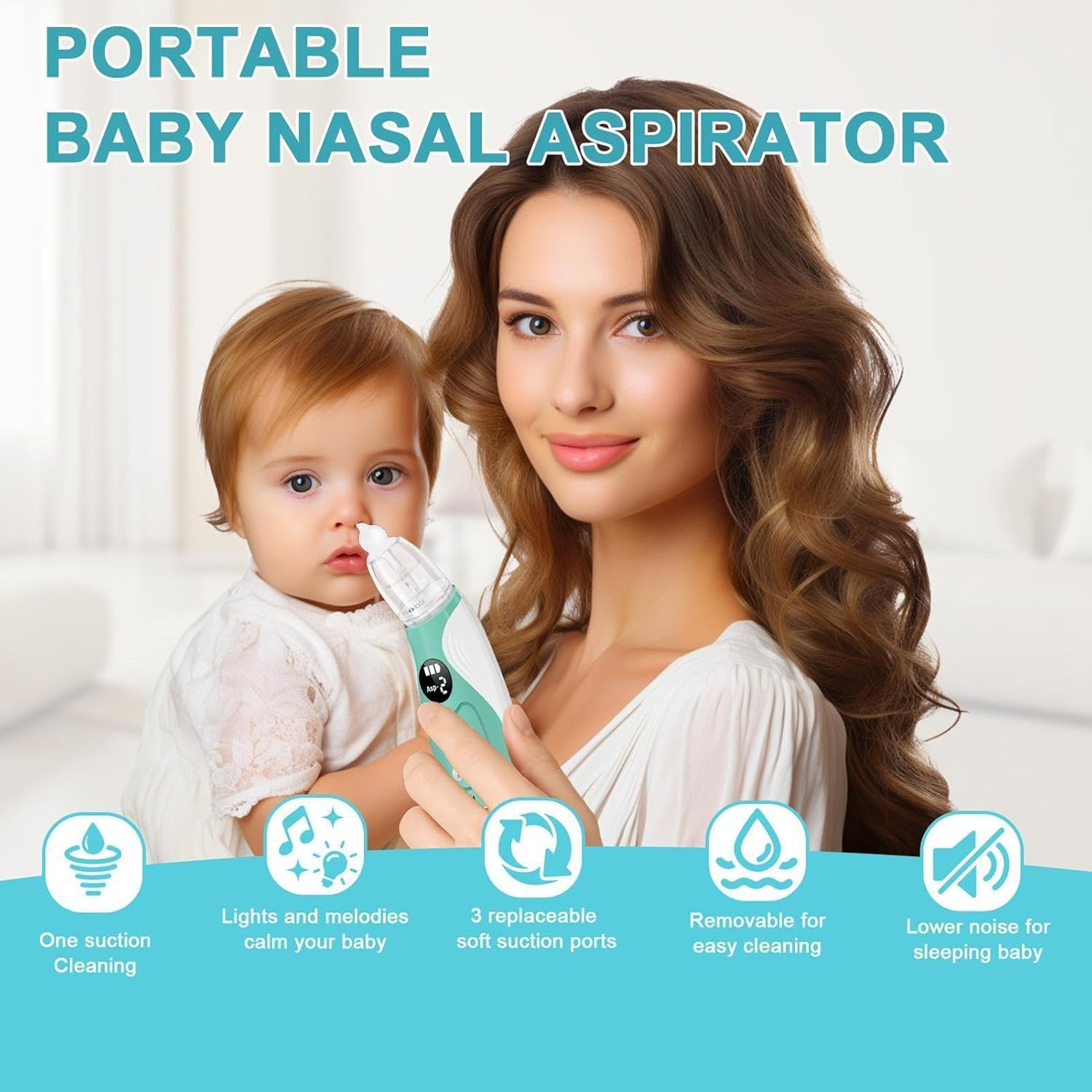 Eine Frau hält ein Baby, das einen Nasensauger benutzt. Funktionen aufgelistet.