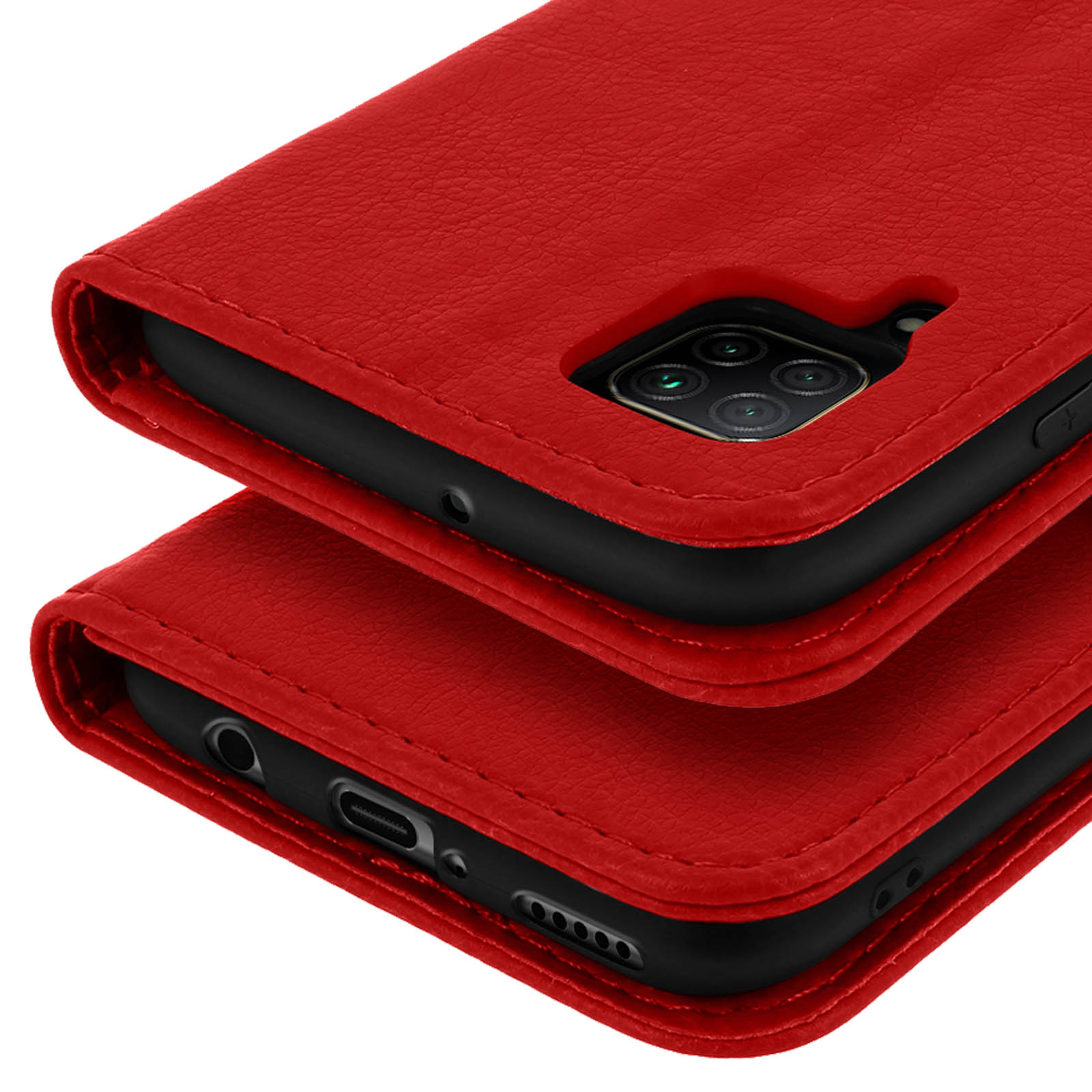 Custodia a libro in pelle rossa per smartphone con fotocamera e porte visibili.
