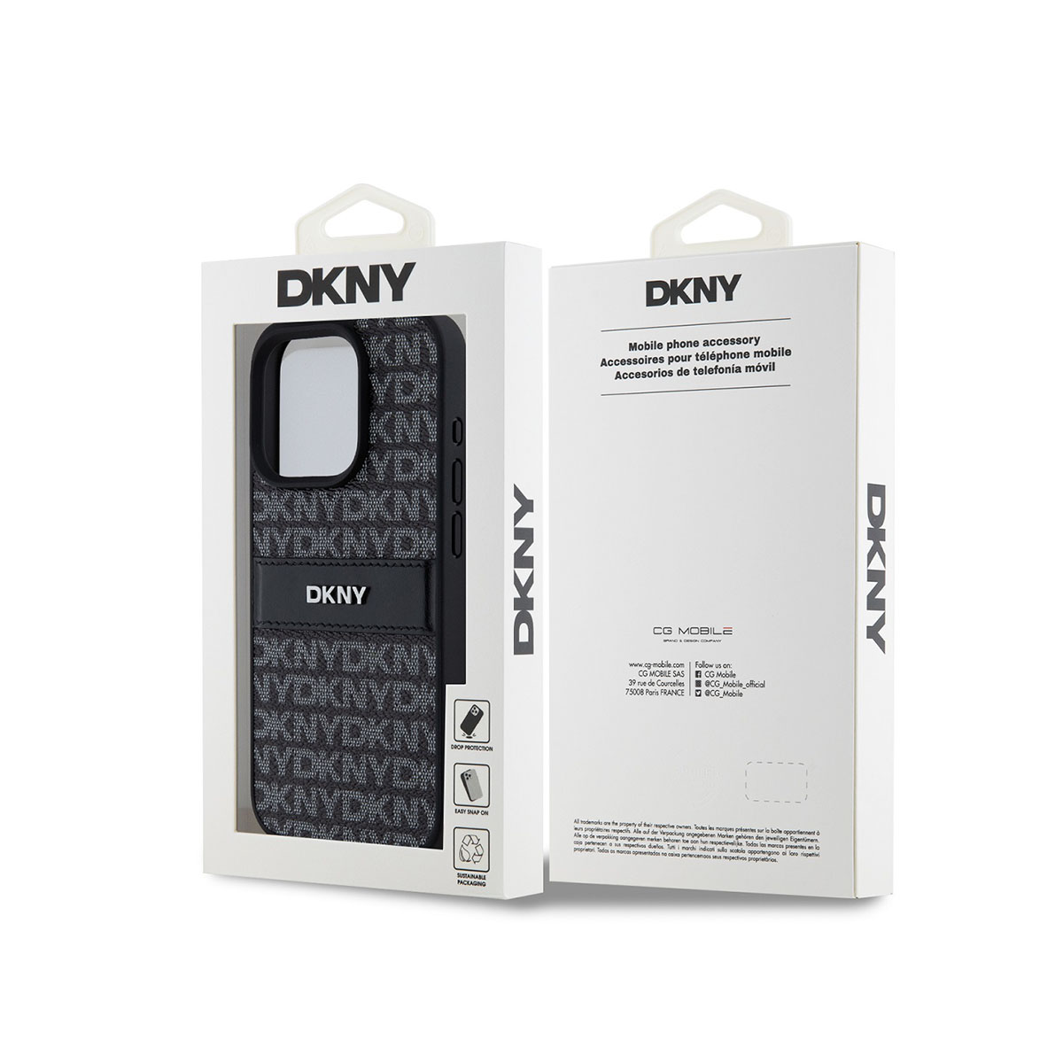 Confezione per cover DKNY con logo DKNY ripetuto e caratteristiche protettive.