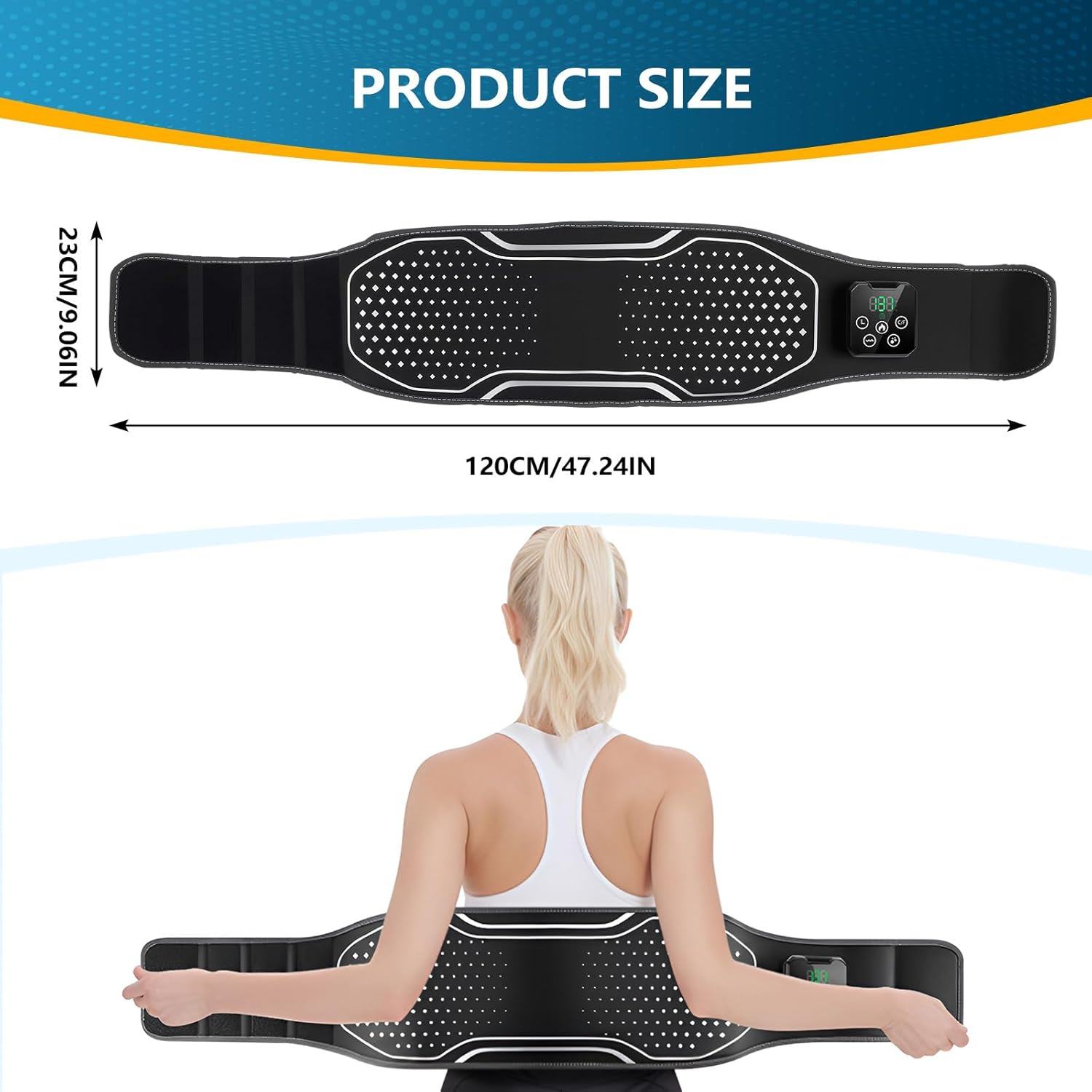 Ein EMS-Gürtel mit 120 cm Länge und 23 cm Breite, der um die Taille einer Frau getragen wird.