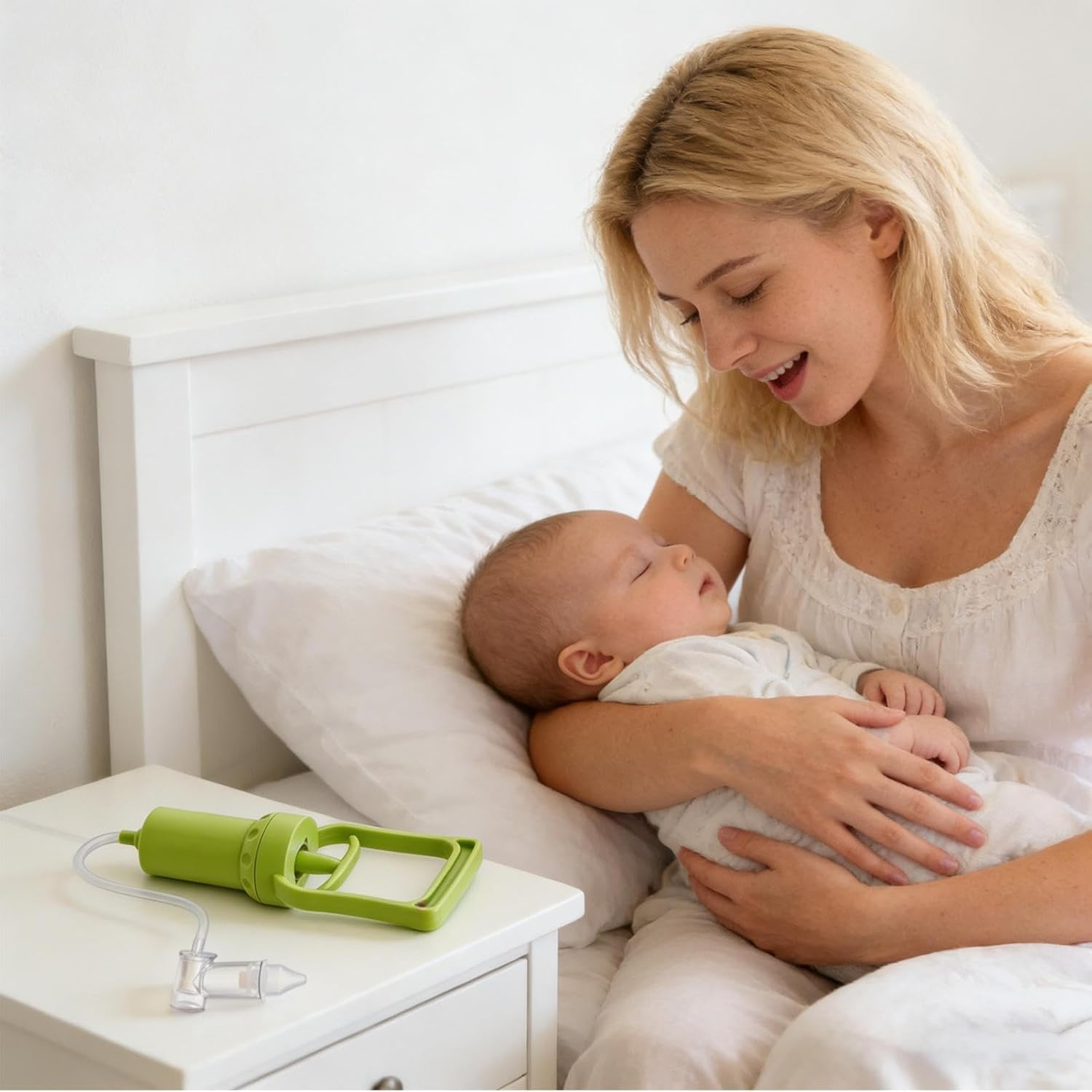 Eine Frau hält ein schlafendes Baby im Arm. Daneben ein Nasensauger.