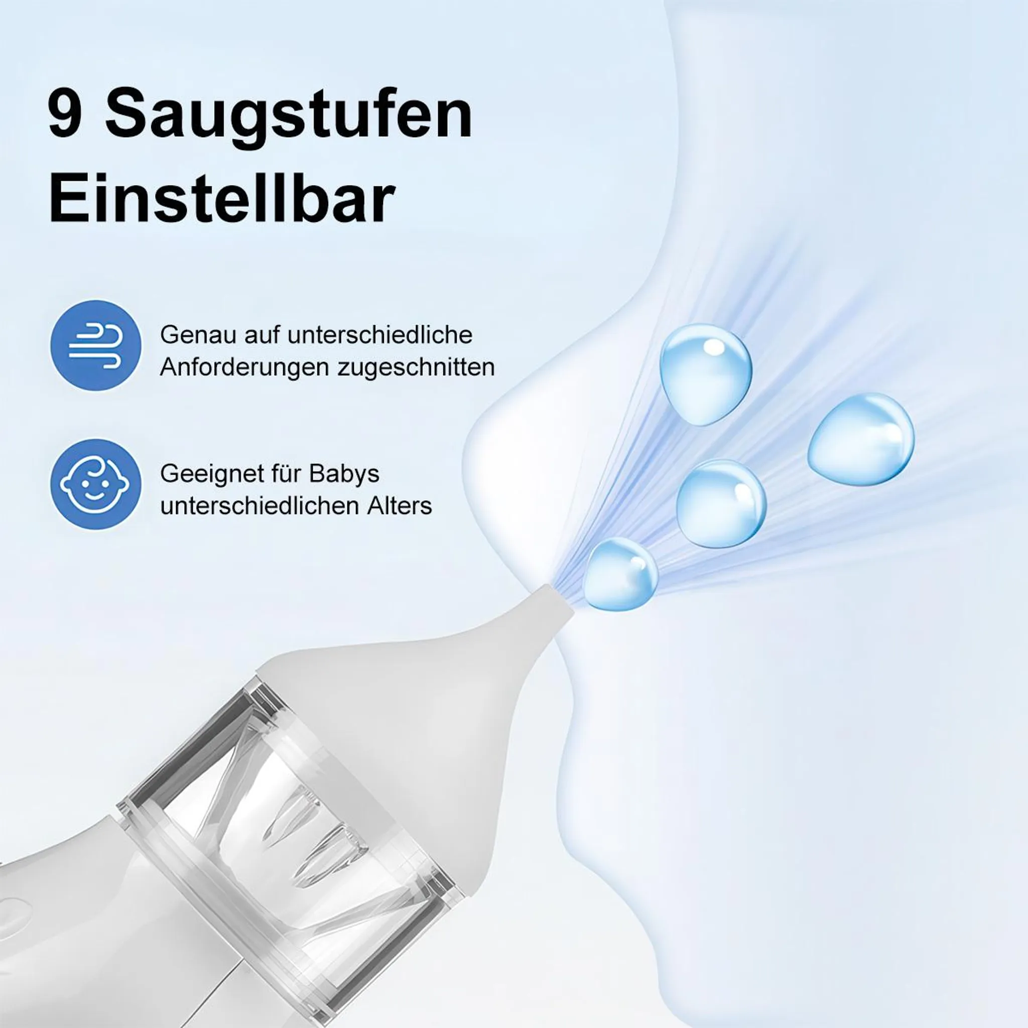 Ein weißes Nasensauggerät mit 9 einstellbaren Saugstufen, geeignet für Babys.