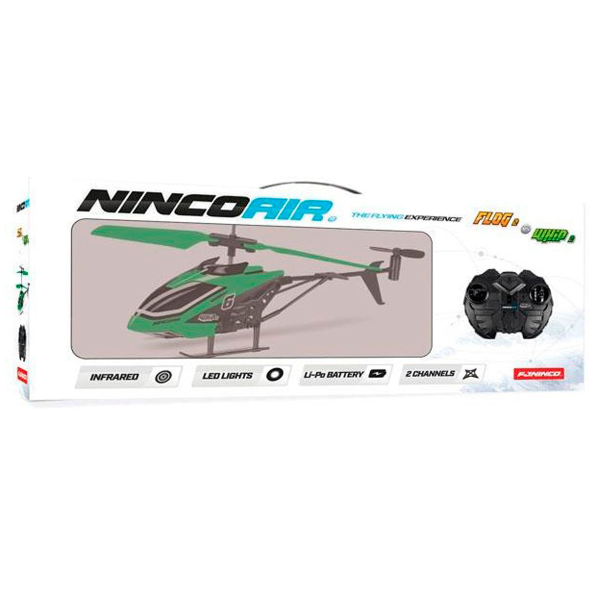 Helicóptero de juguete verde con control remoto en embalaje.