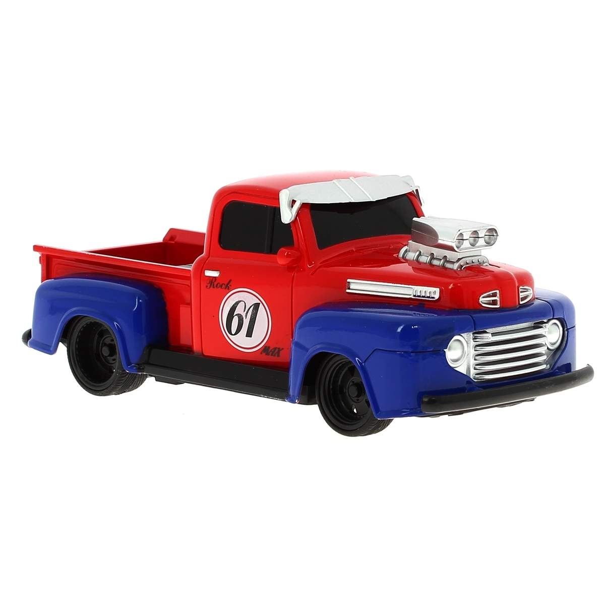Camioneta hot rod de juguete roja y azul con motor cromado y número 61.