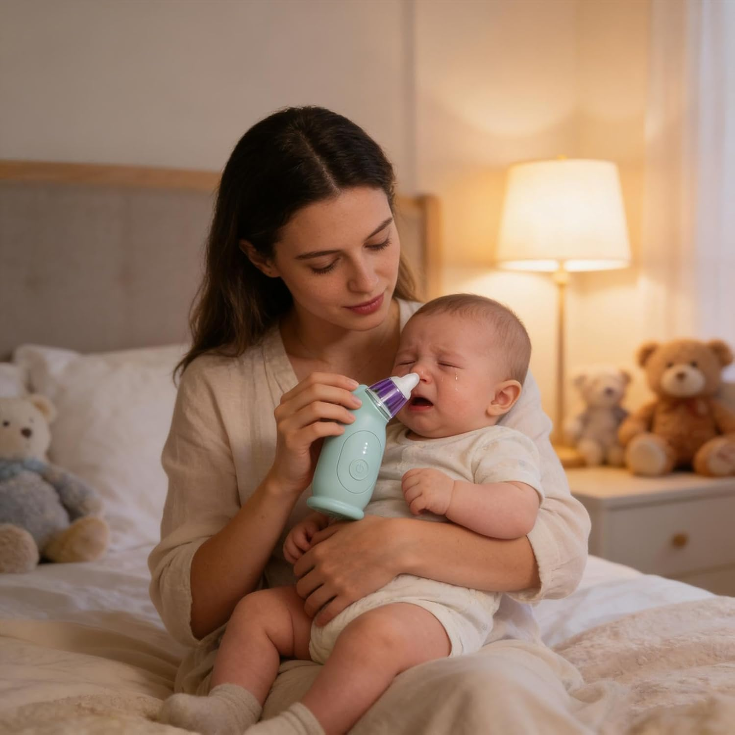 Mutter benutzt Nasensauger bei weinendem Baby in dim beleuchtetem Schlafzimmer mit Teddybären.