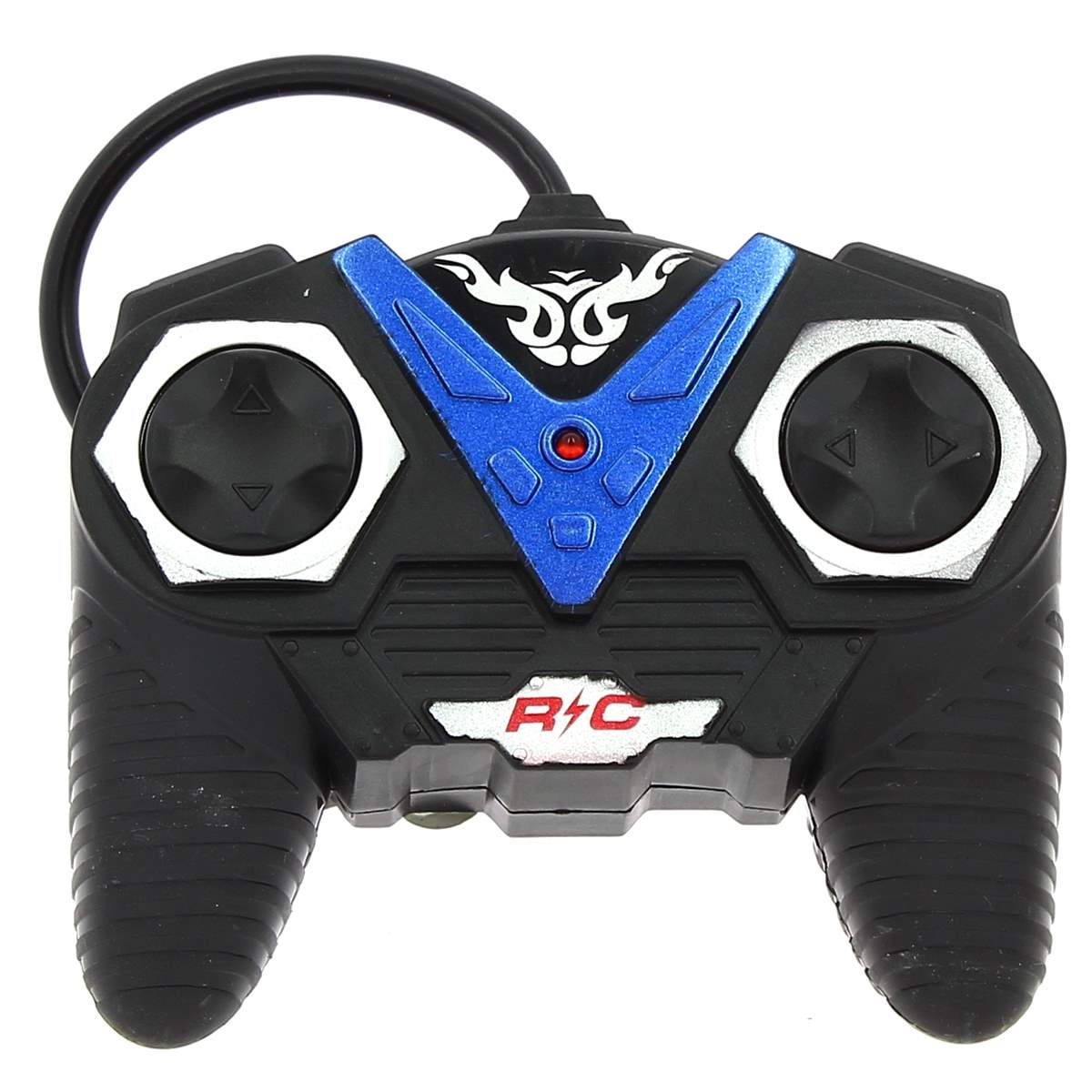 Mando RC negro con detalles azules, joysticks y antena.