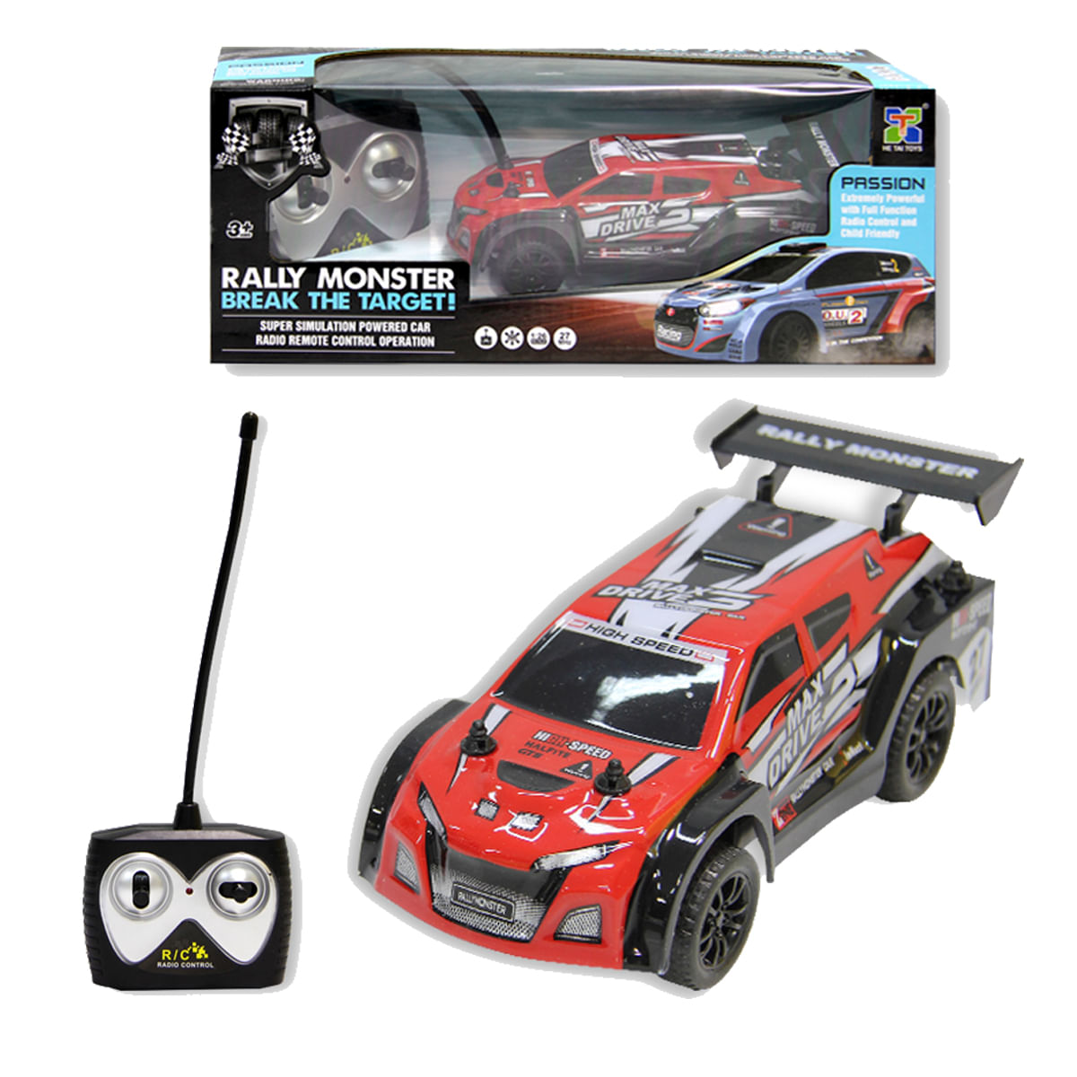 Un coche de rally rojo a control remoto con detalles negros y un alerón blanco.