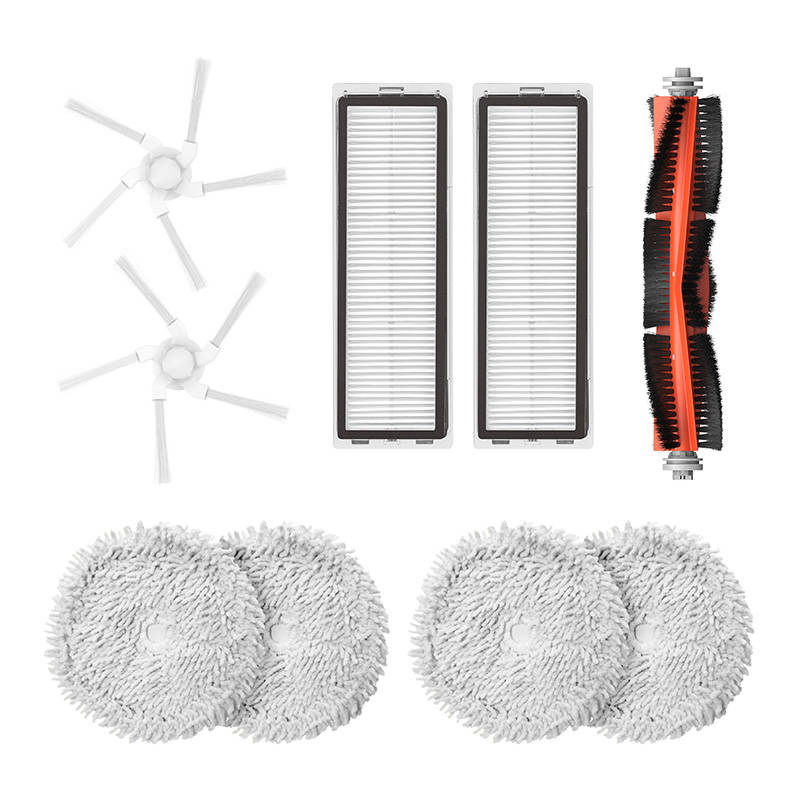 Reinigungszubehör für Saugroboter: Seitenbürsten, Filter, Hauptbürste und Wischpads.