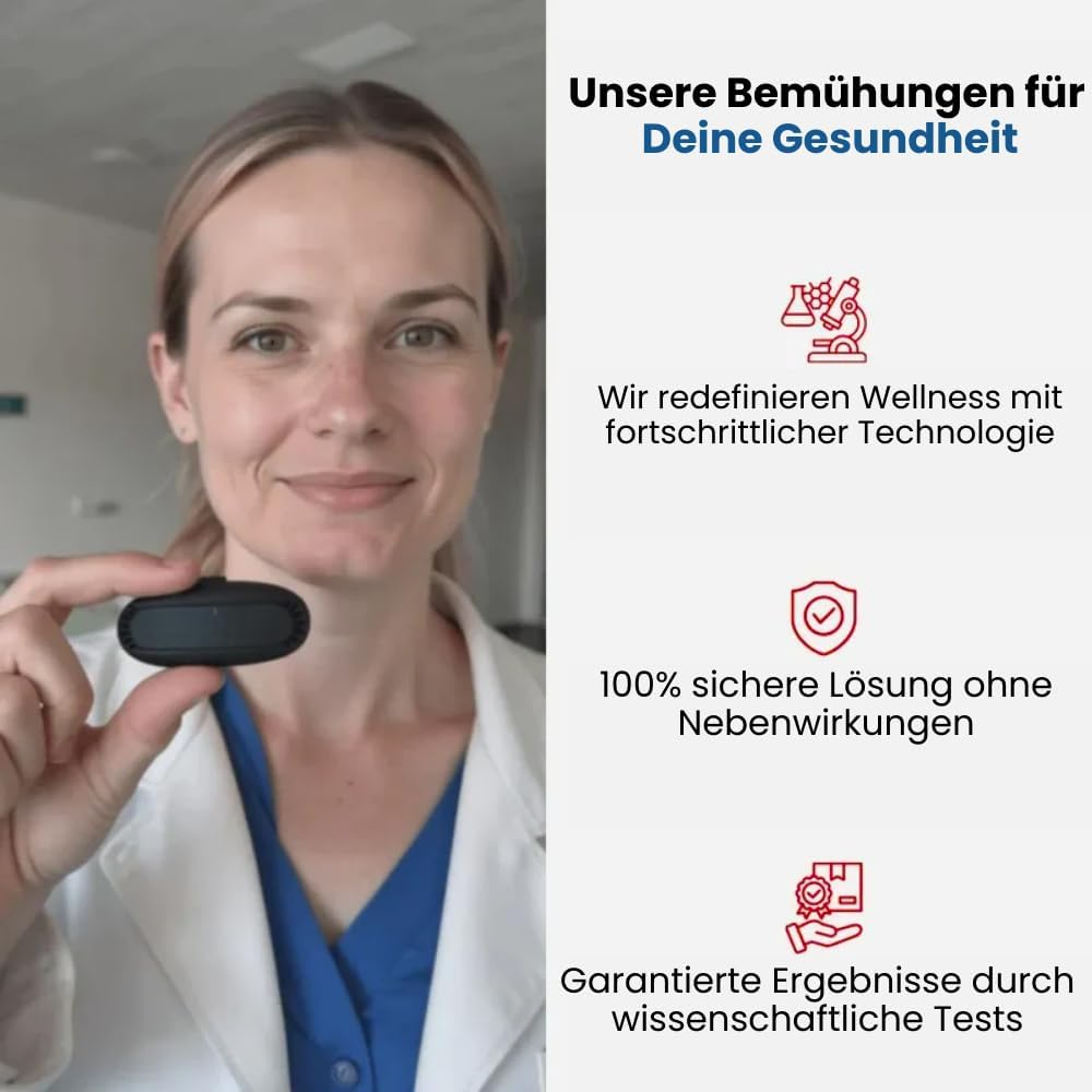 Ärztin hält ein schwarzes, ovales Gerät. Text über Gesundheit und Technologie.