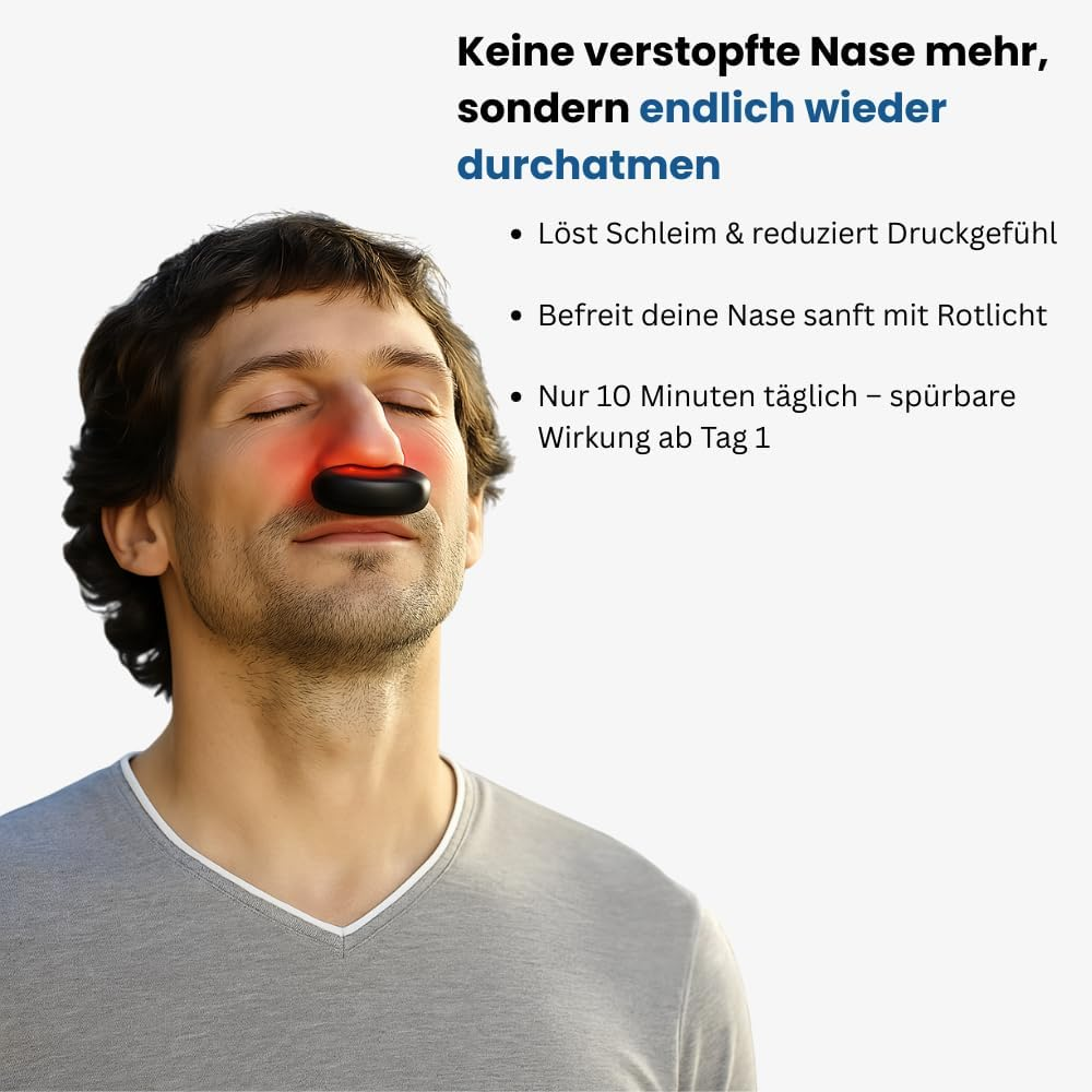 Mann mit Nasenaufsatz, der Rotlicht abgibt. Text über freies Atmen.