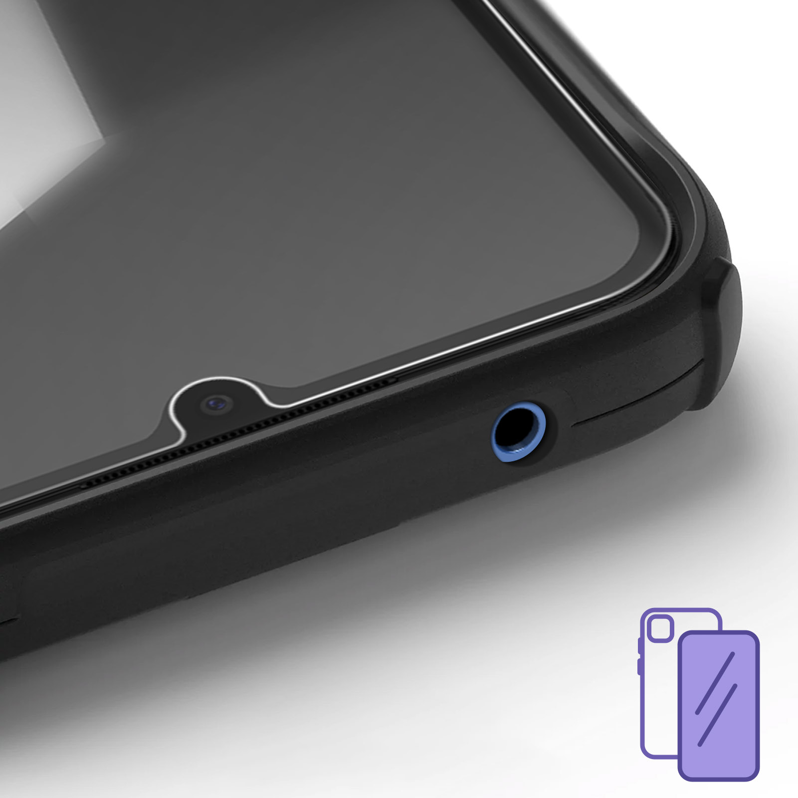 Gros plan d'un étui de téléphone noir montrant la prise casque et la caméra frontale.