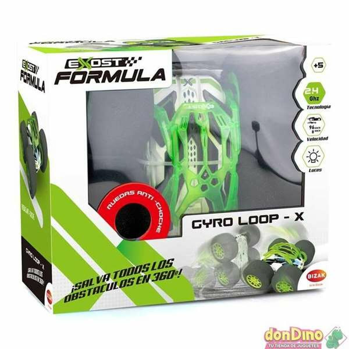Coche de juguete Exost Formula Gyro Loop X en verde y blanco, en su embalaje.