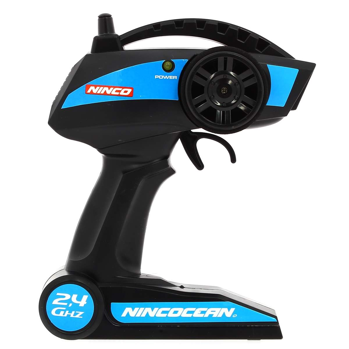 Mando a distancia RC negro con franja azul, rueda y botón de encendido.
