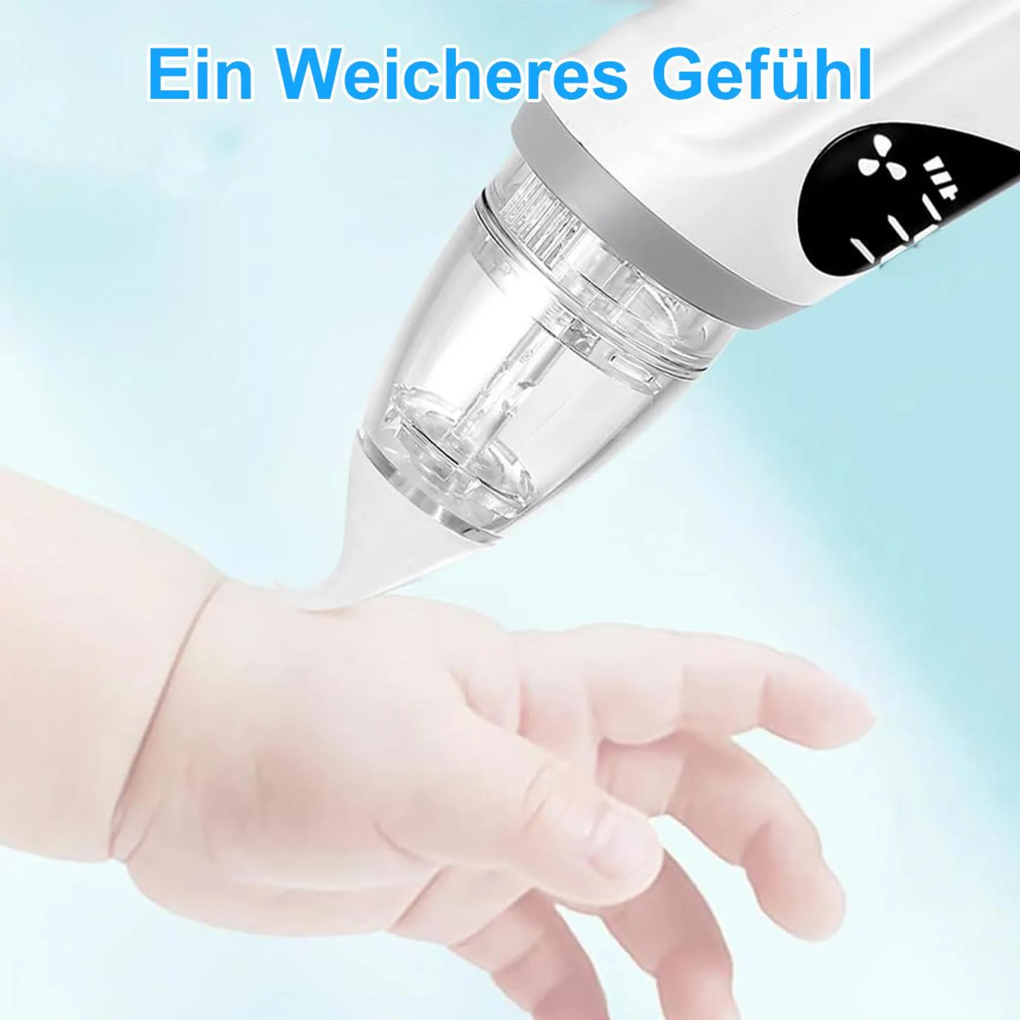 Ein Babyhand wird von einem Nasensauger berührt.