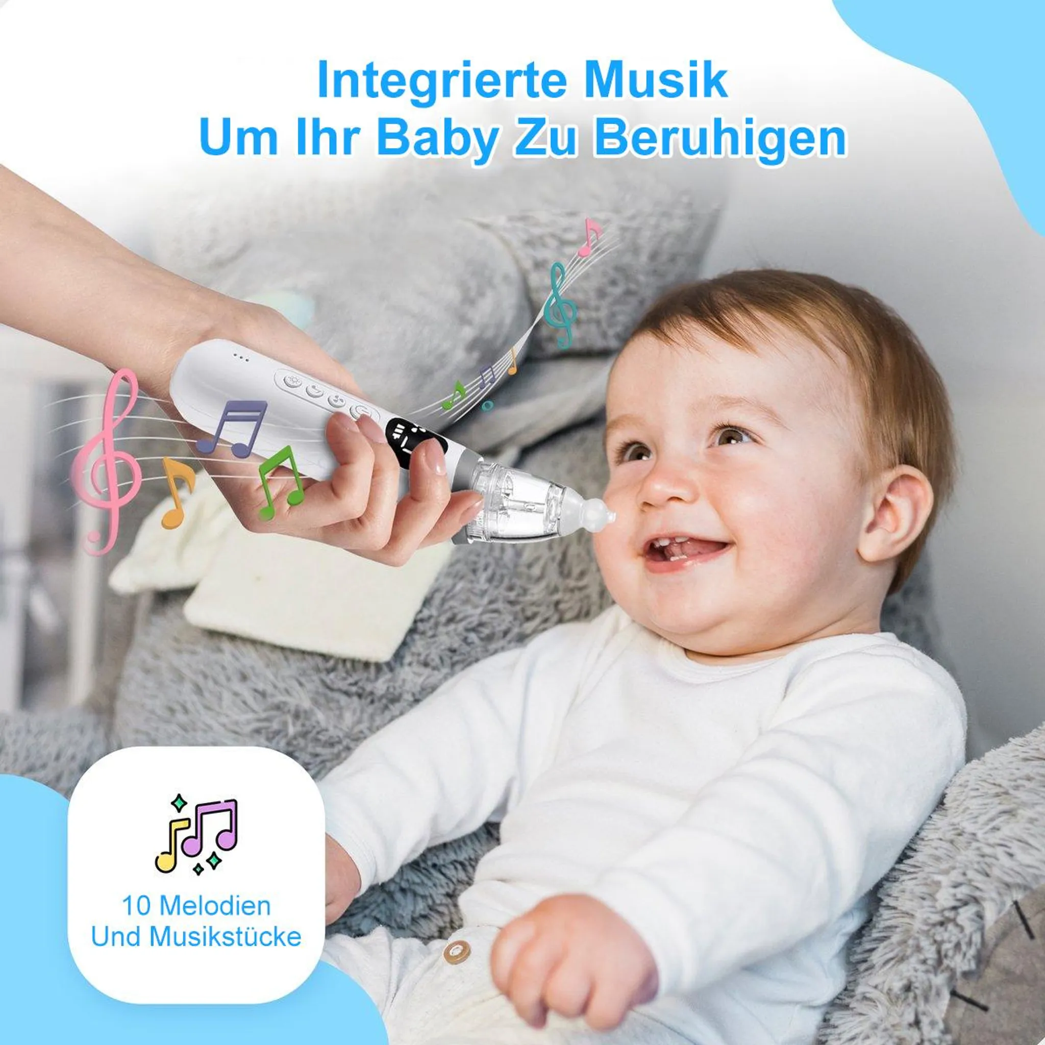 Ein Baby lächelt, während eine Hand ein medizinisches Gerät mit Noten hält.