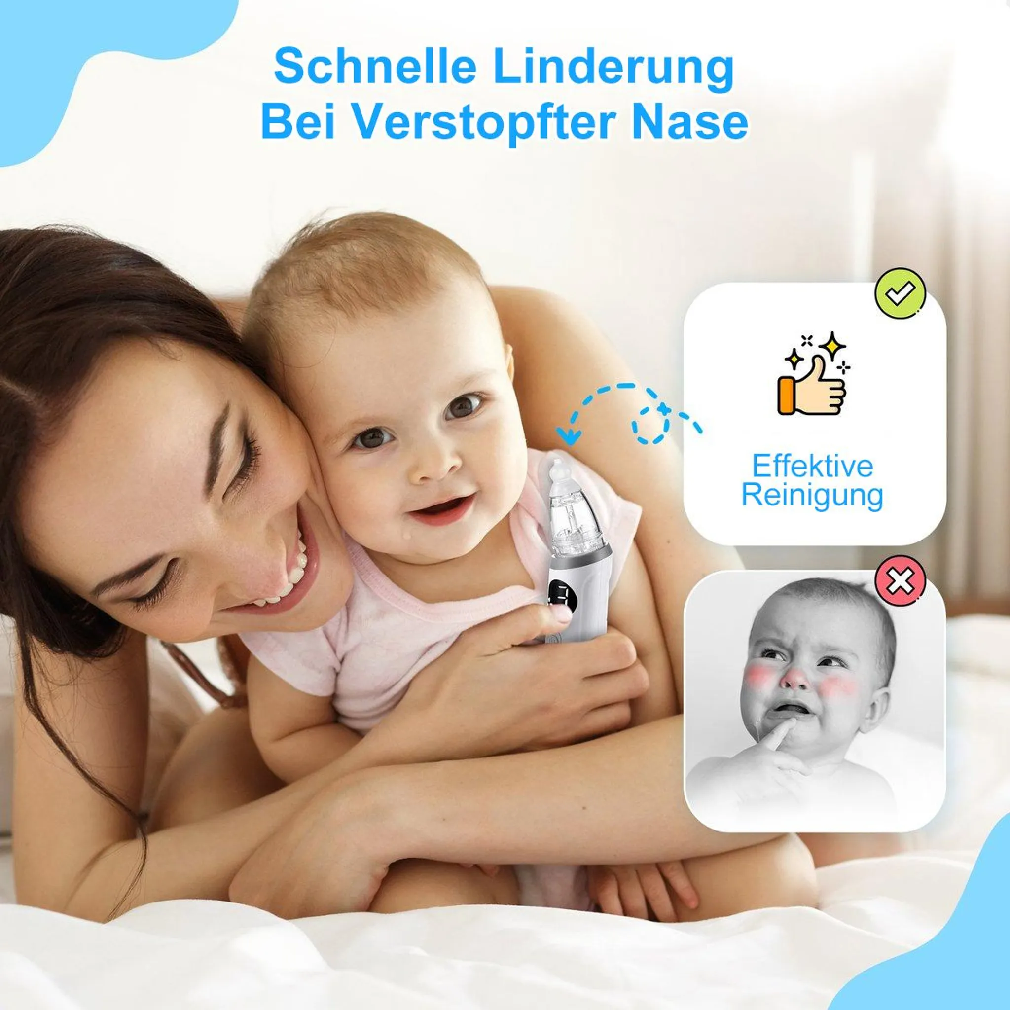 Eine Mutter hält ihr Baby und ein Nasensauger. "Effektive Reinigung" und Baby-Symbol.