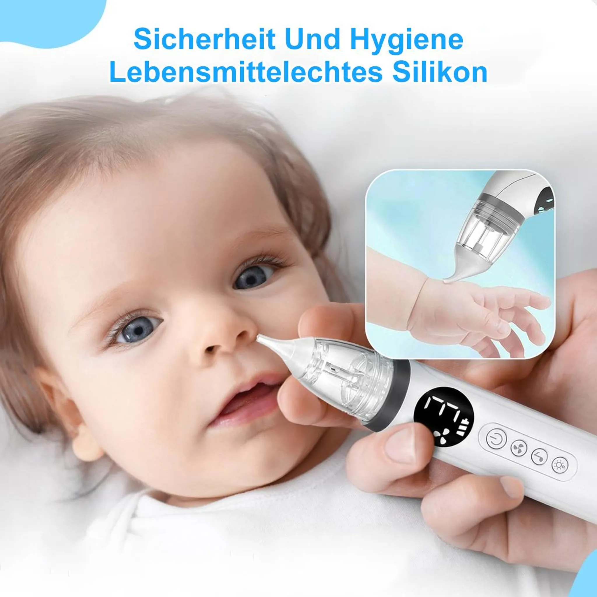 Ein Babygesicht mit einem Nasensauger. Eine Hand hält das Gerät.