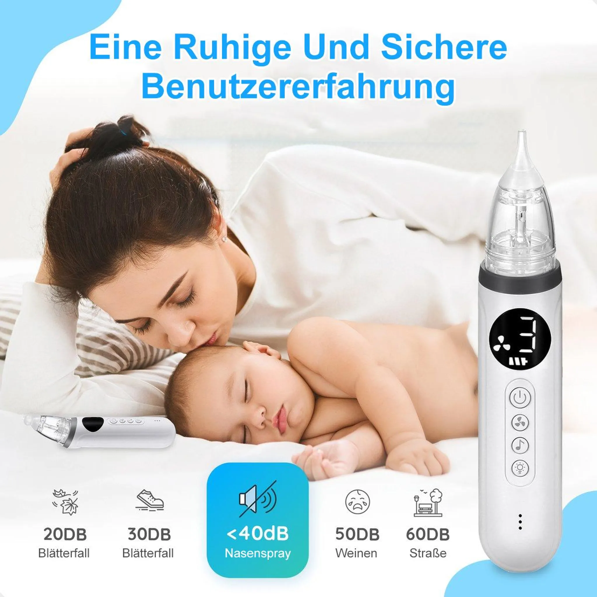 Mutter küsst schlafendes Baby. Nasensauger daneben mit dB-Angaben.