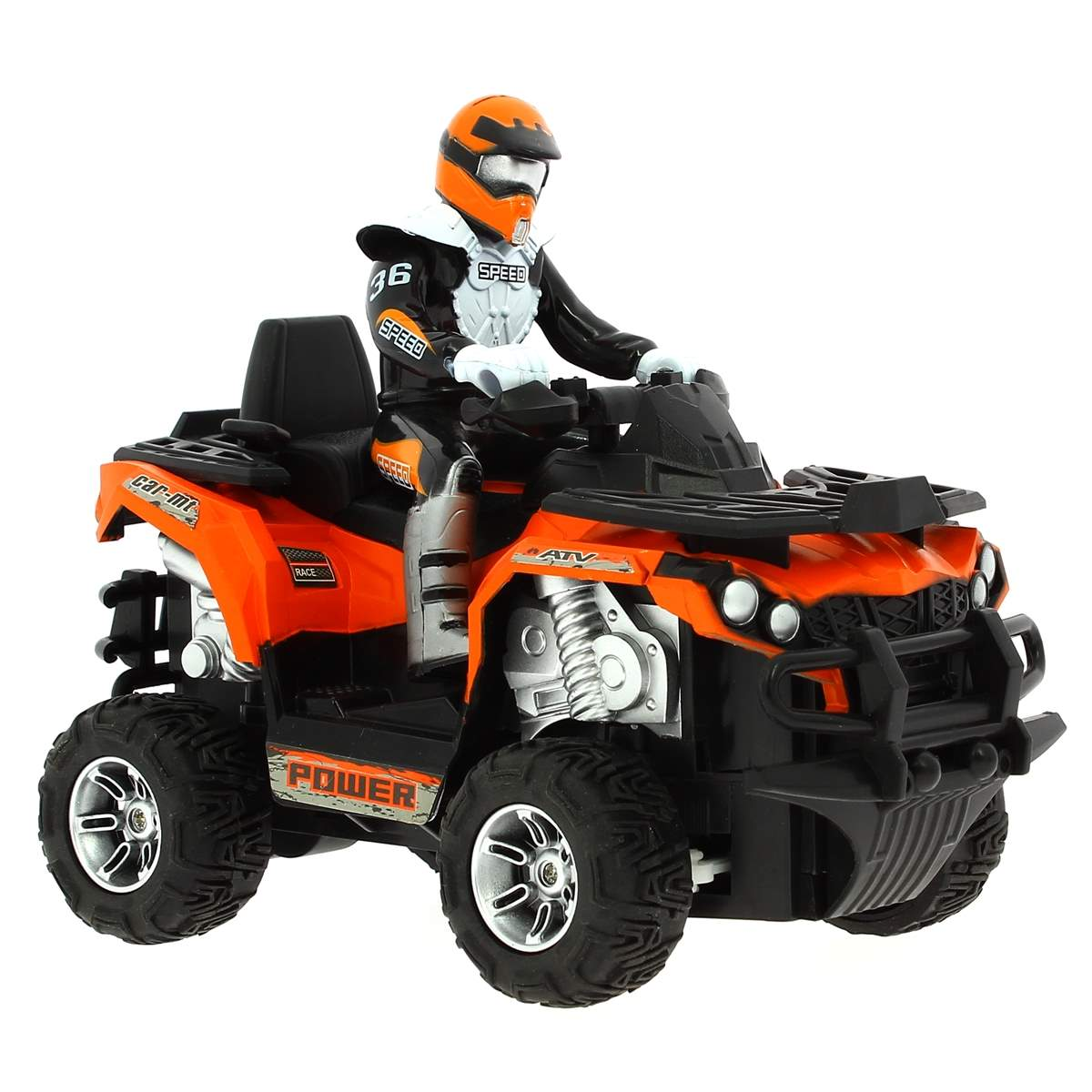 Un quad de juguete naranja con un piloto con equipo de carreras completo.