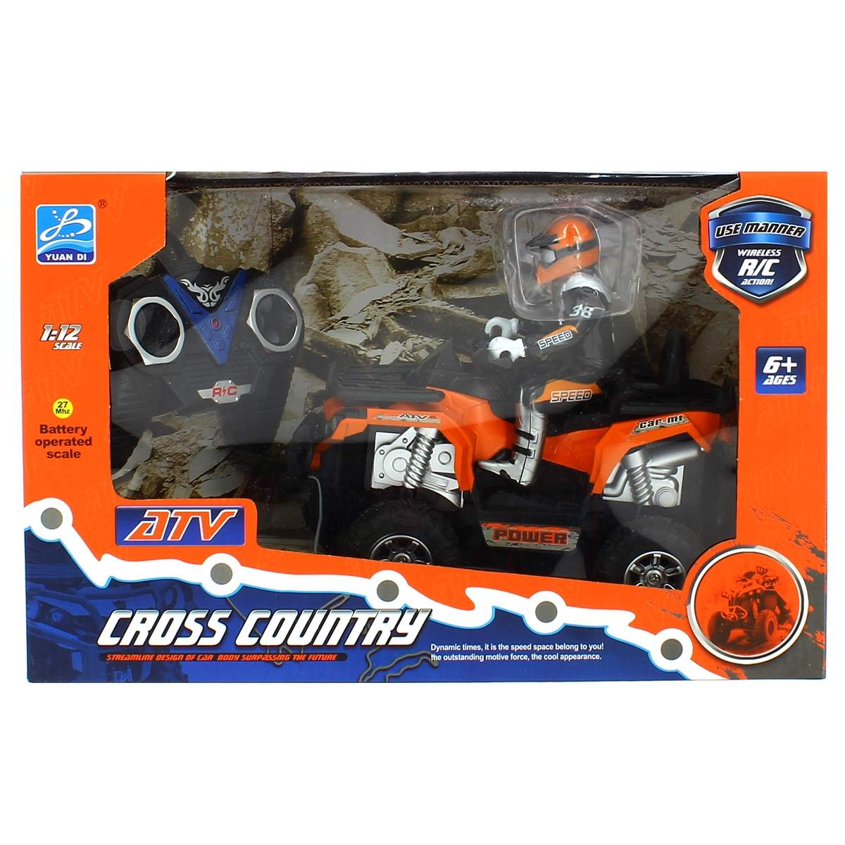 ATV naranja y negro a control remoto en caja con mando y figura de conductor.