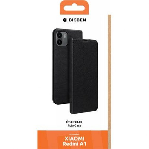 Custodia nera per Xiaomi Redmi A1, con logo in alto e descrizione prodotto sotto.