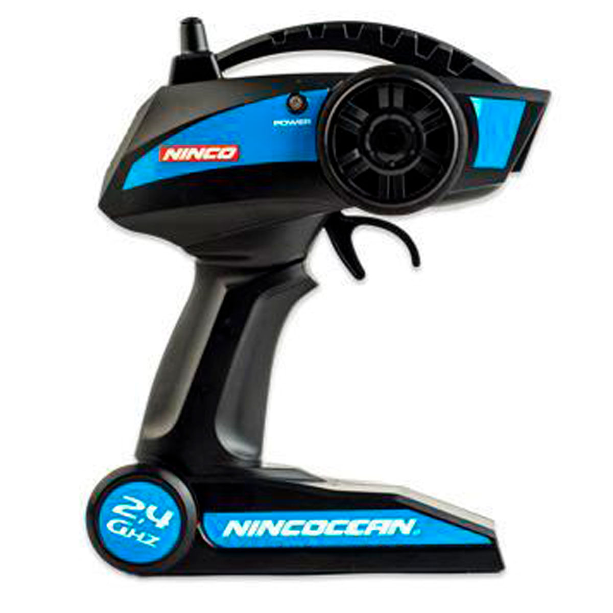 Transmisor RC negro con acentos azules y marca "NINCO 2.4 GHZ".