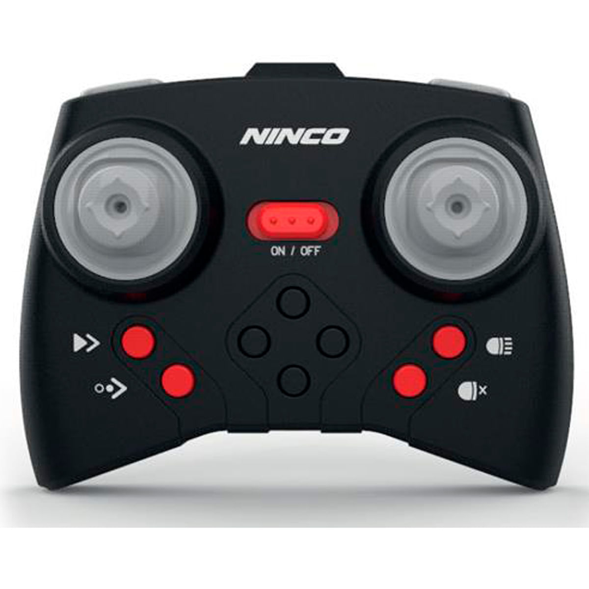 Mando a distancia Ninco negro con dos joysticks, botones rojos e interruptor ON/OFF.