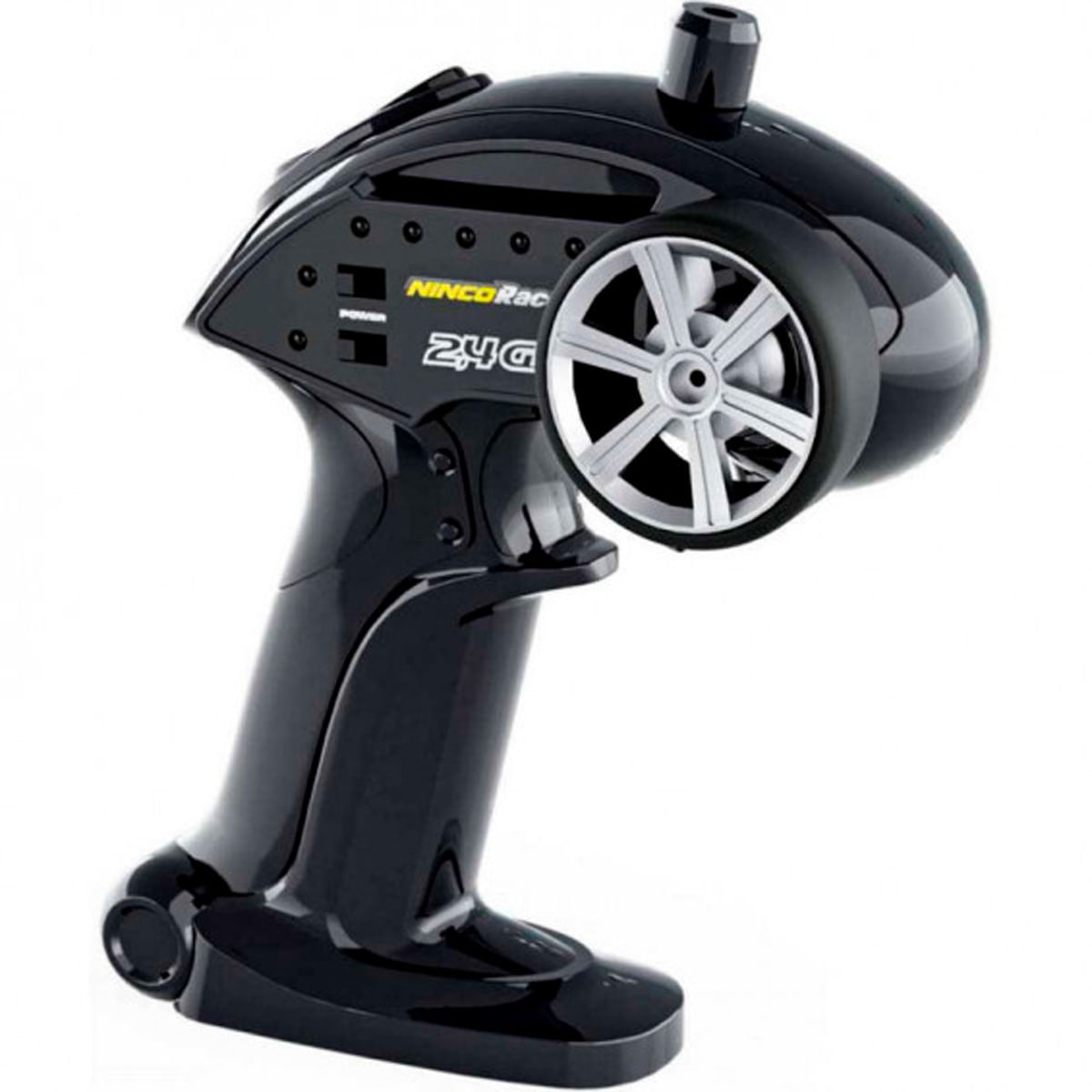 Controlador RC negro con rueda plateada y 