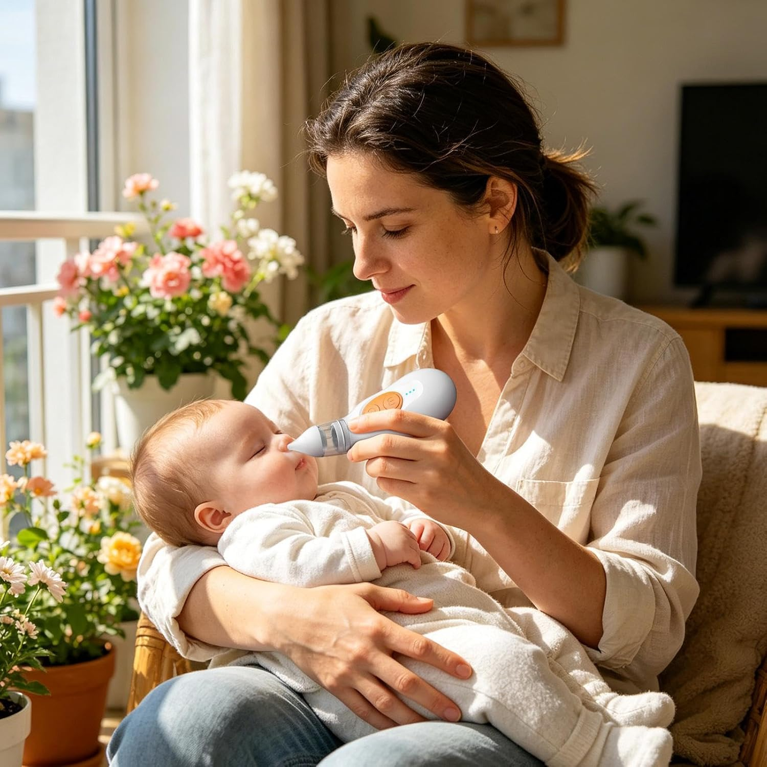 Eine Frau benutzt ein Nasensauggerät bei einem Baby, das auf ihrem Schoß sitzt.