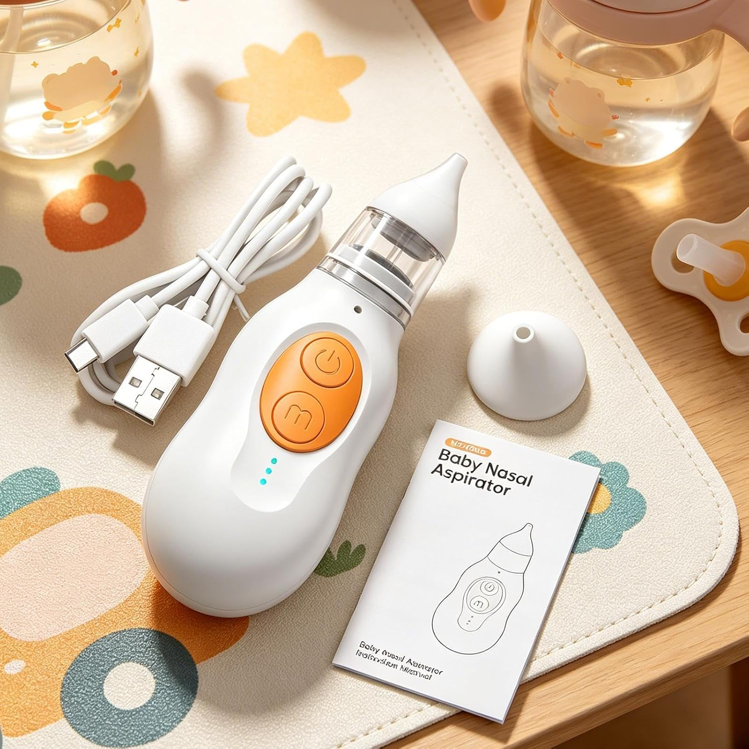 Ein weißer Baby-Nasensauger mit USB-Kabel und Anleitung auf einer Matte mit bunten Mustern.