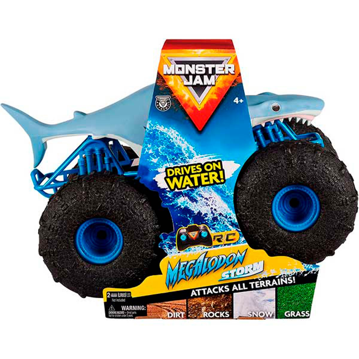 Un monster truck a control remoto con temática de tiburón que circula en agua, tierra, rocas, nieve y hierba.