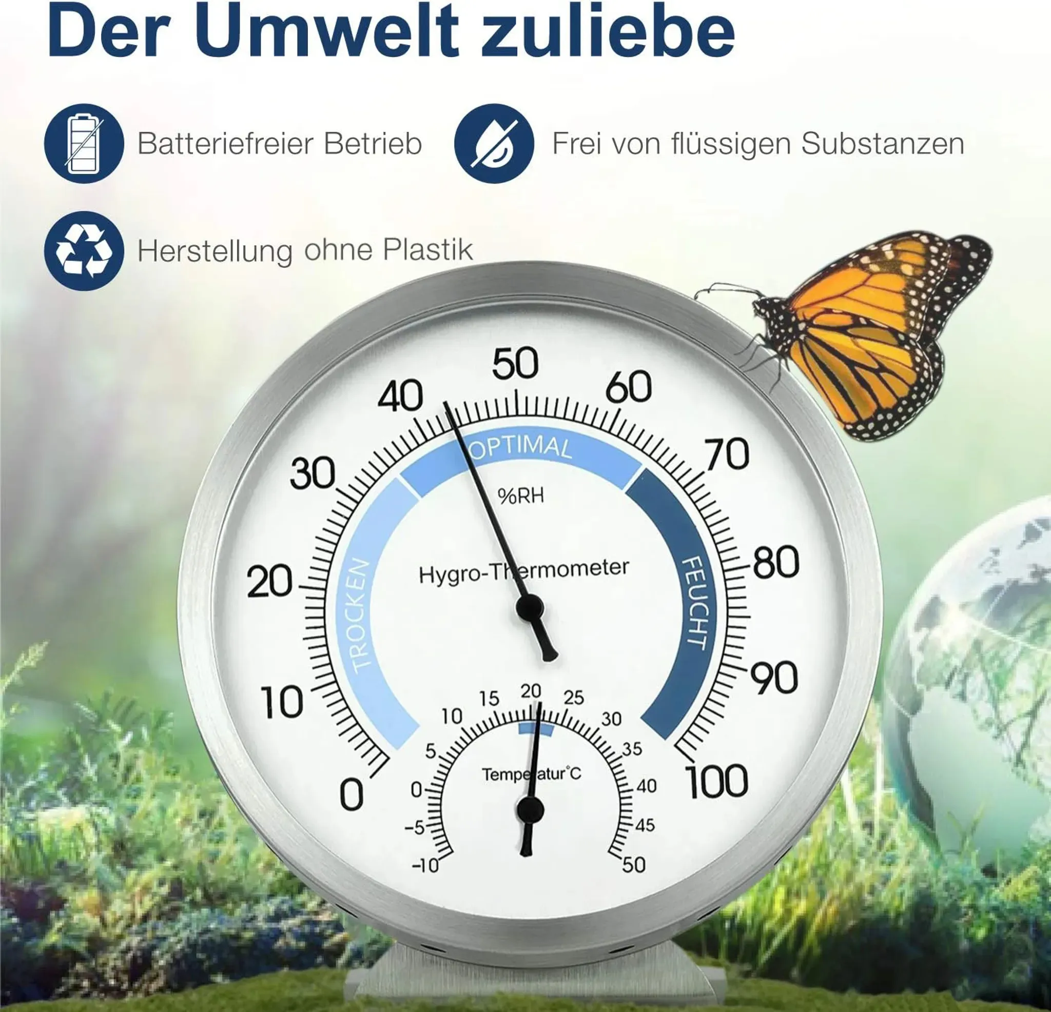 Ein Hygro-Thermometer mit Schmetterling und Erde-Symbol. Batteriebetrieb ohne Plastik.