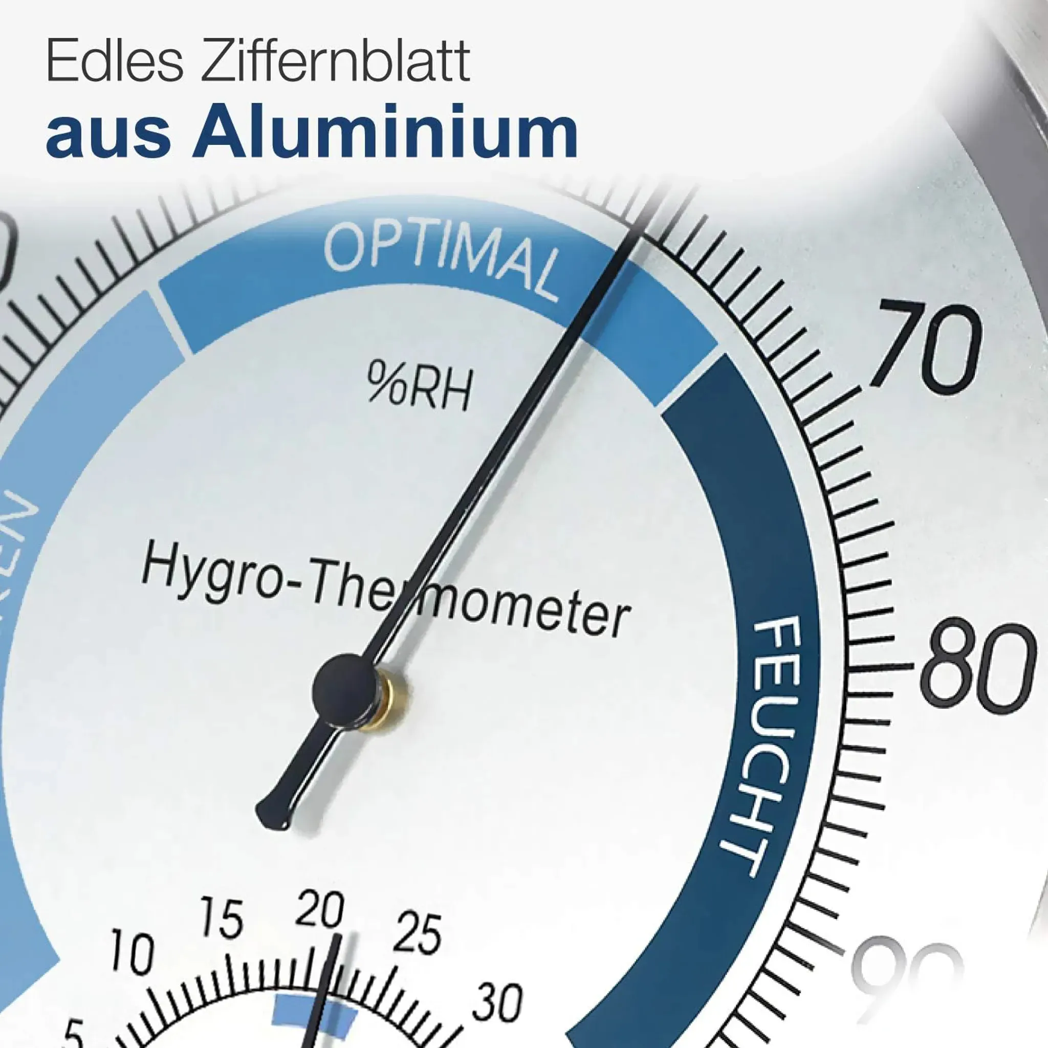 Ein analoges Hygrometer mit Aluminiumzifferblatt und Zeiger bei ca. 22% RH.