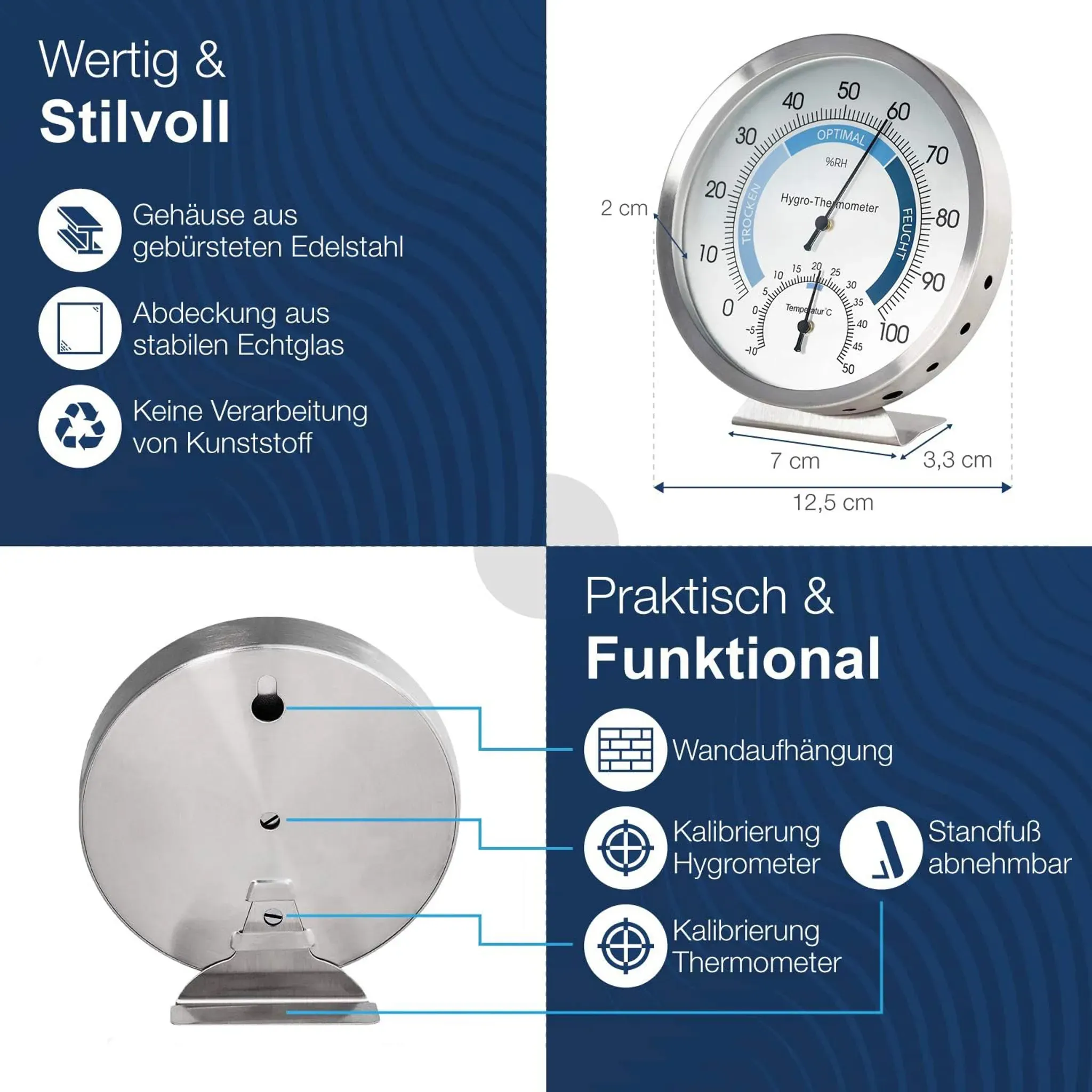 Ein Hygro-Thermometer aus Edelstahl mit zwei Skalen und Maßen.