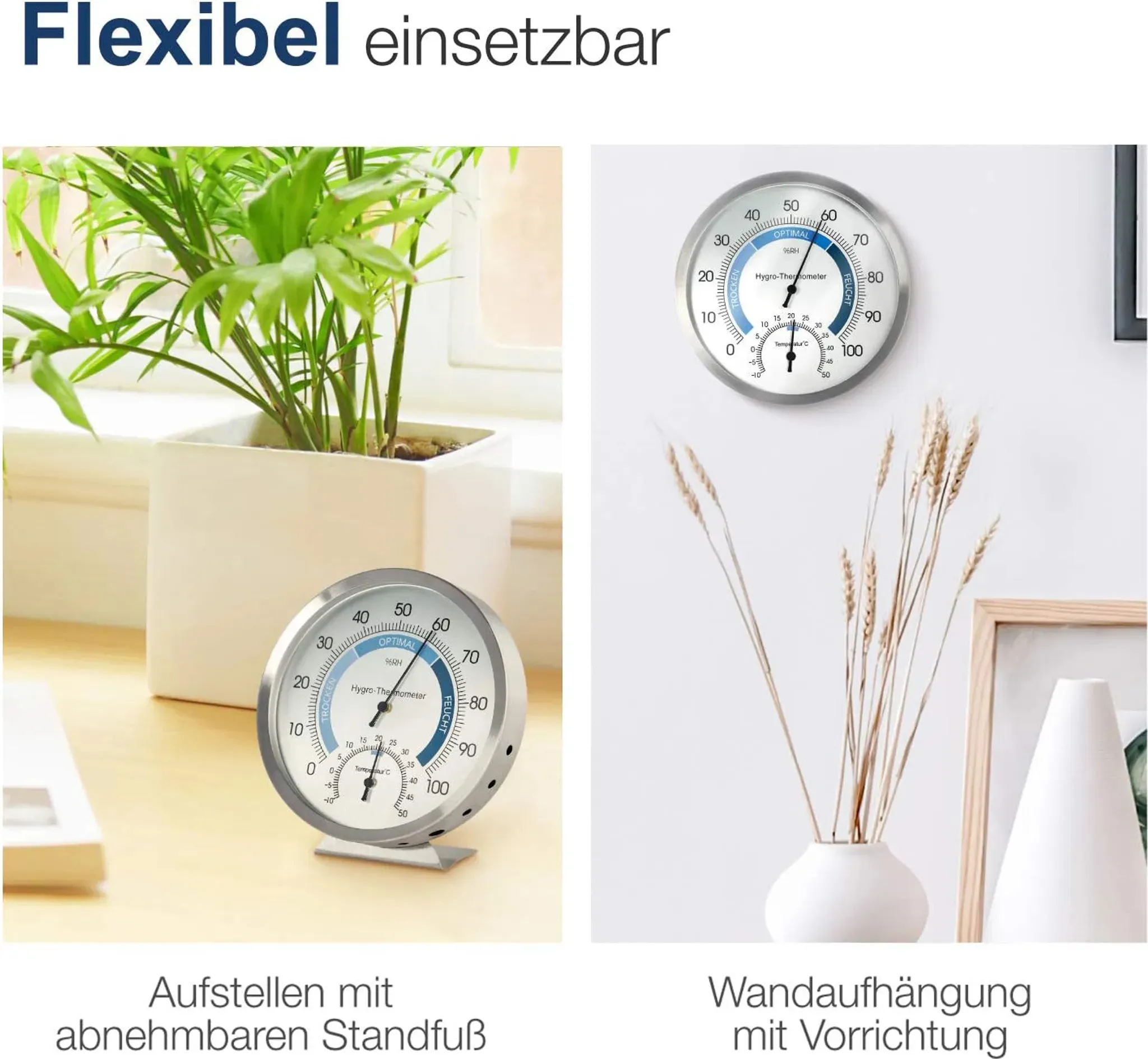 Ein Hygrometer steht neben einer Pflanze, ein anderes hängt an der Wand.