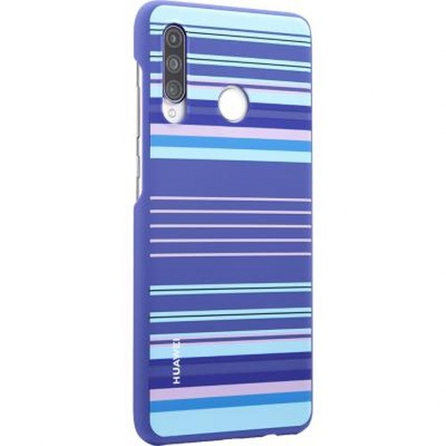 Una custodia per telefono blu con strisce orizzontali in varie tonalità di blu e viola.
