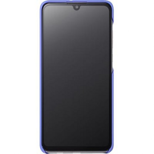 Un telefono viola con schermo scuro e tacca in alto.